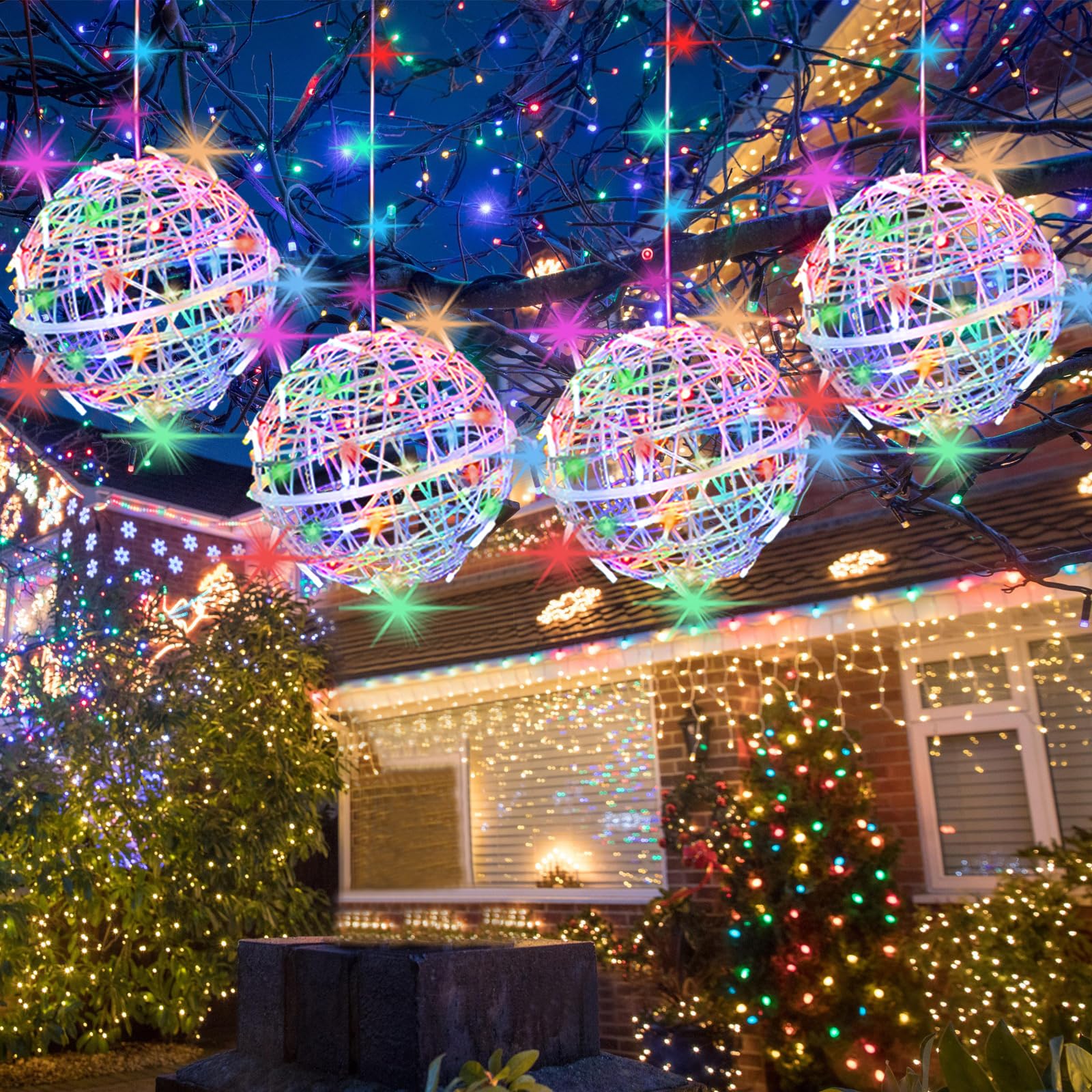 Outdoor Balls Lights Hanging Tree Garden Lights - 4 Pack 15.7'' Sphere Lights with Plug in Globe Lights Trees Garden Lights for 