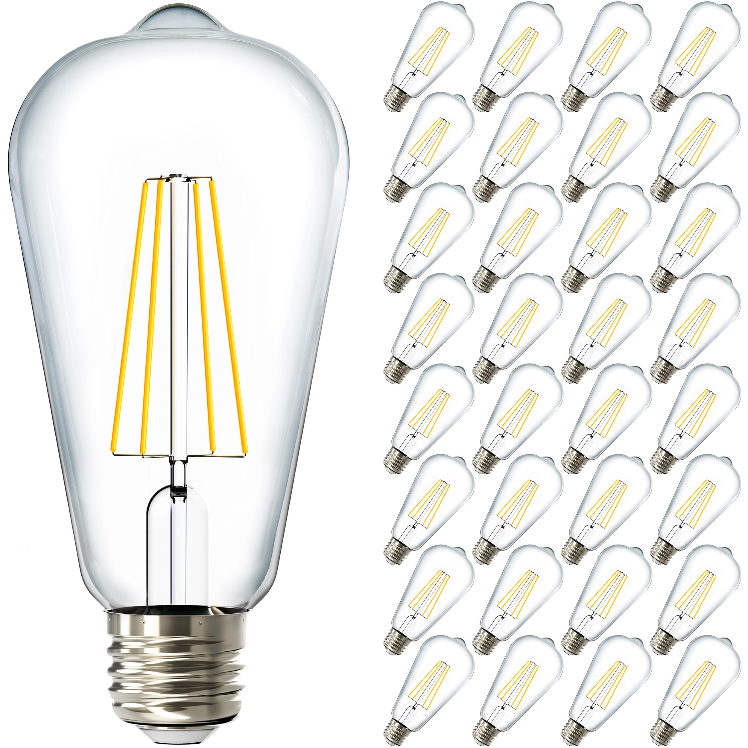 Sunco 32 Pack Edison Bulbs Led St64, Clear Vintage Filament Waterproof Bulb, 800 Lm, 8.5W (60W Equivalent), 3000K Warm White, E2