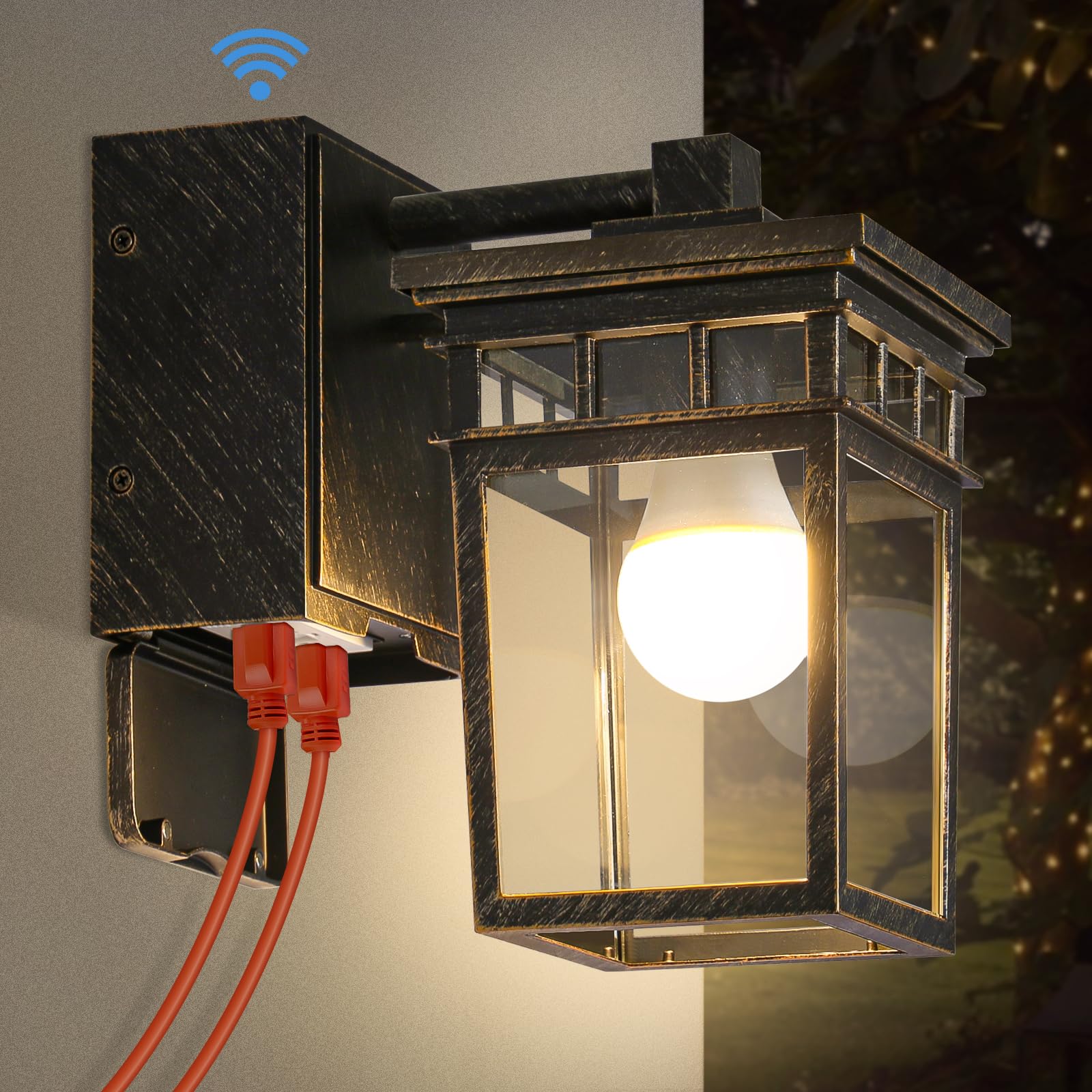 Outdoor Wall Lantern with GFCI Outlet, Dusk to Dawn Outdoor Lighting with Clear Glass Shade, Waterproof Outside Porch Lights for