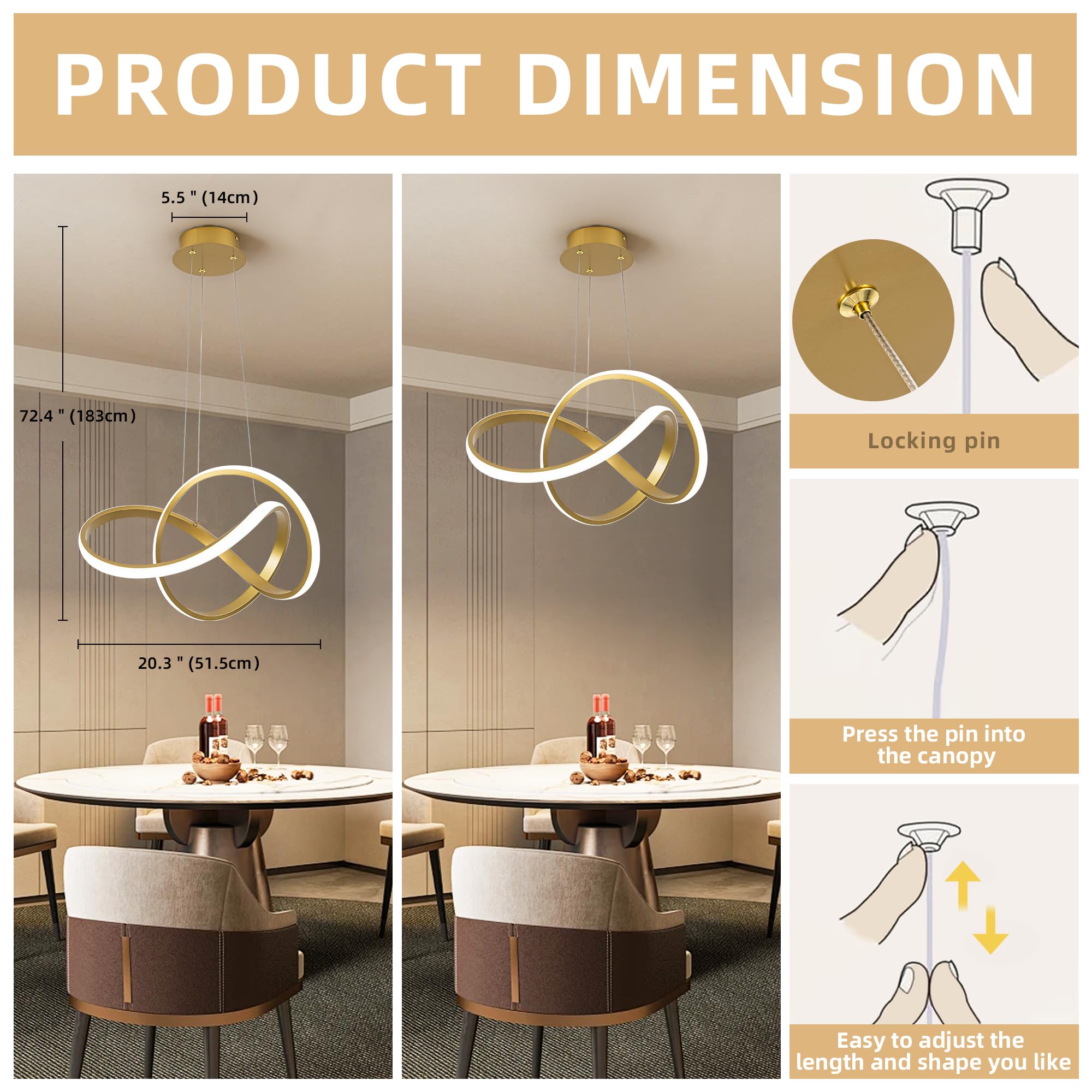 MAYNA Modern Gold LED Chandelier Light Fixture, 19.7" Aluminum Pendant for Dining Room, Kitchen Island, Model YG-4606-3P-SB