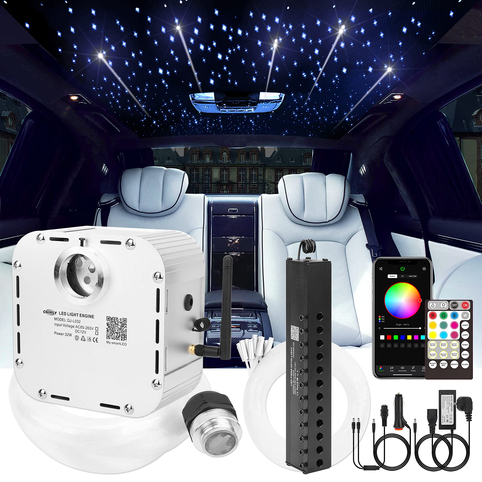 CHINLY 32w Meteor Twinkle 1000pcs 0.03in 16.4ft Bluetooth RGBW LED Fiber Optic Star Ceiling Light,APP/Remote +Shooting Stars lig