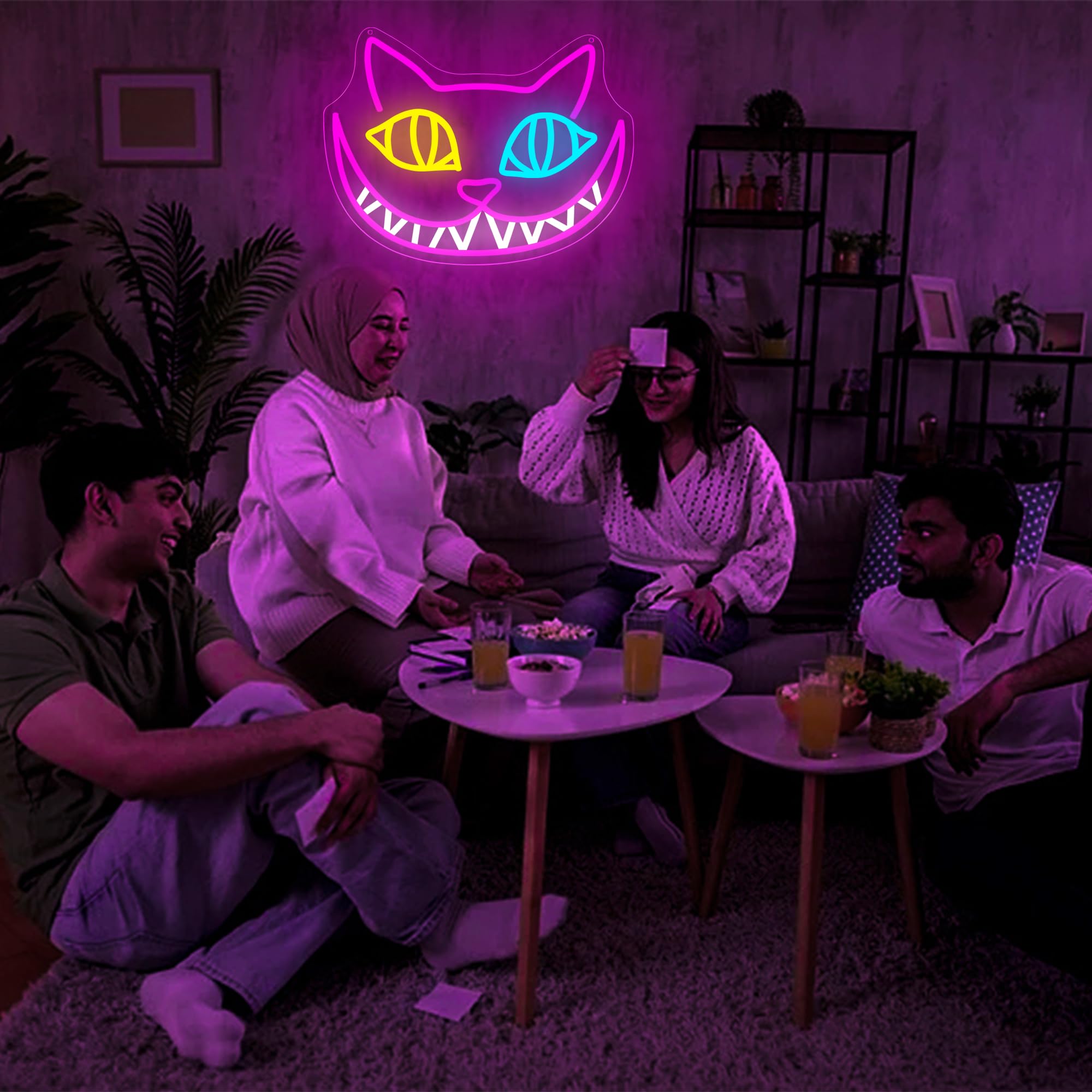 DYUAI Cat Neon Sign - Dimmable LED Wall Decor, Acrylic, 13.7"x10.3", Rose Red+Lemon Yellow+Ice Blue, Ideal for Living Room, Man