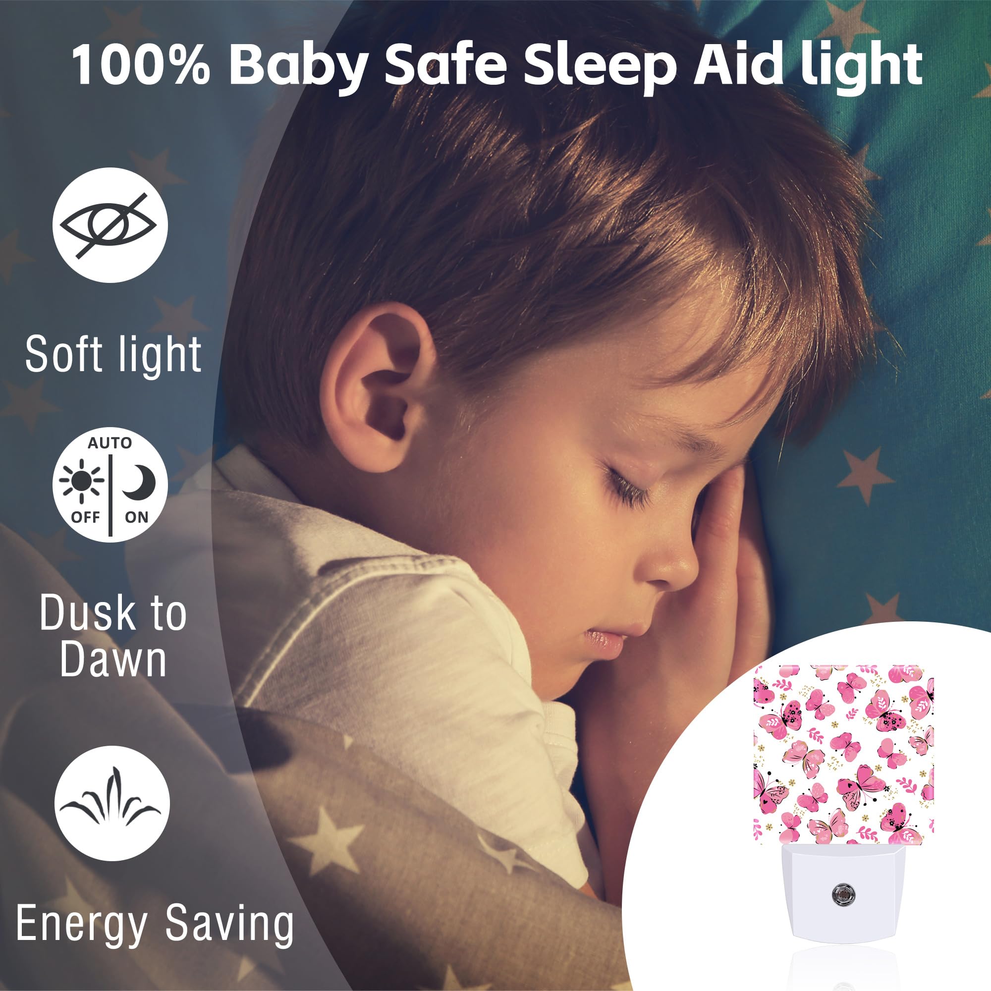 sndheke Butterfly Night Light, 0.5W Energy Saving, Floral Design, Dusk to Dawn, Plug-In, Pink, Model SBD04