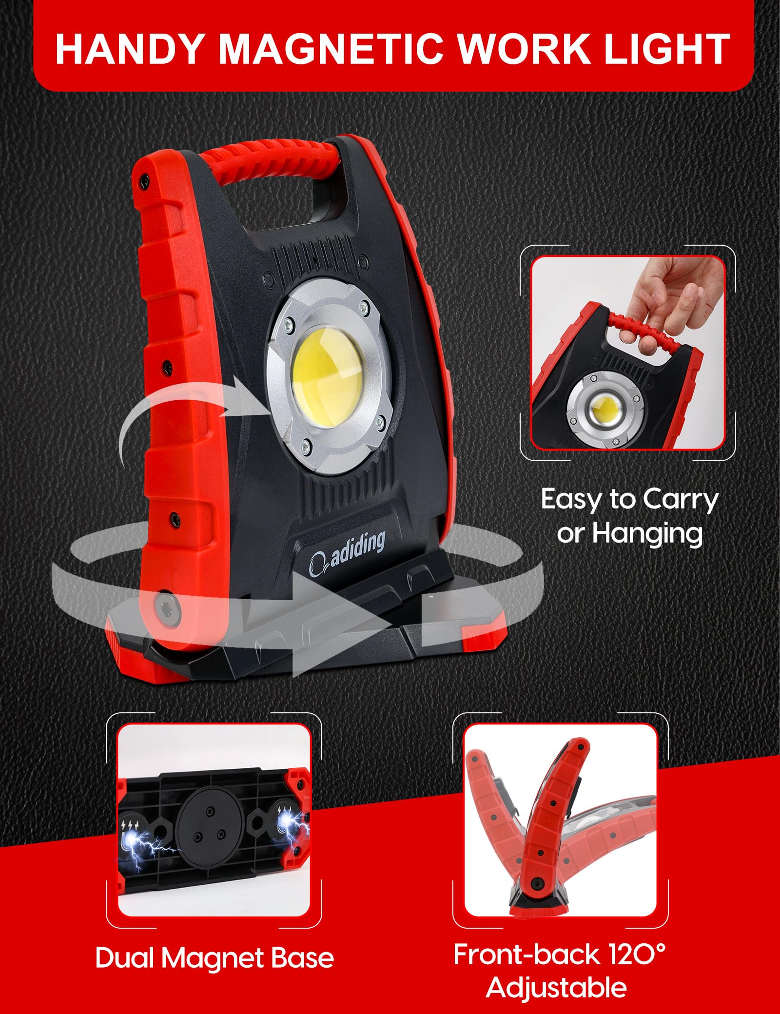Adiding 4400Mah Rechargeable Led Work Light, Portable Flood Light Underhood Work Light With Sensor & 360 Rotation Magnetic Base,