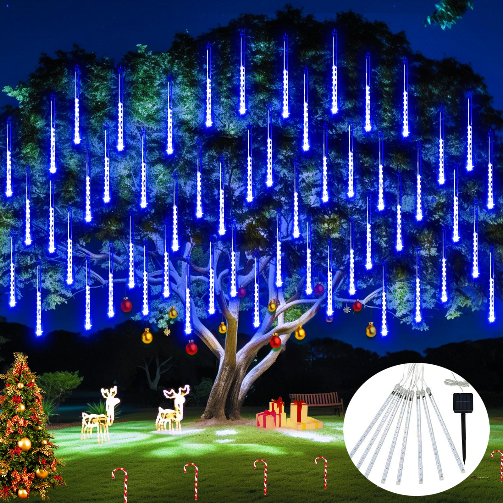 JMEXSUSS Solar Meteor Shower Lights, 8 Tube 144 LEDs, Waterproof Blue Icicle Lights for Outdoor Christmas Decoration