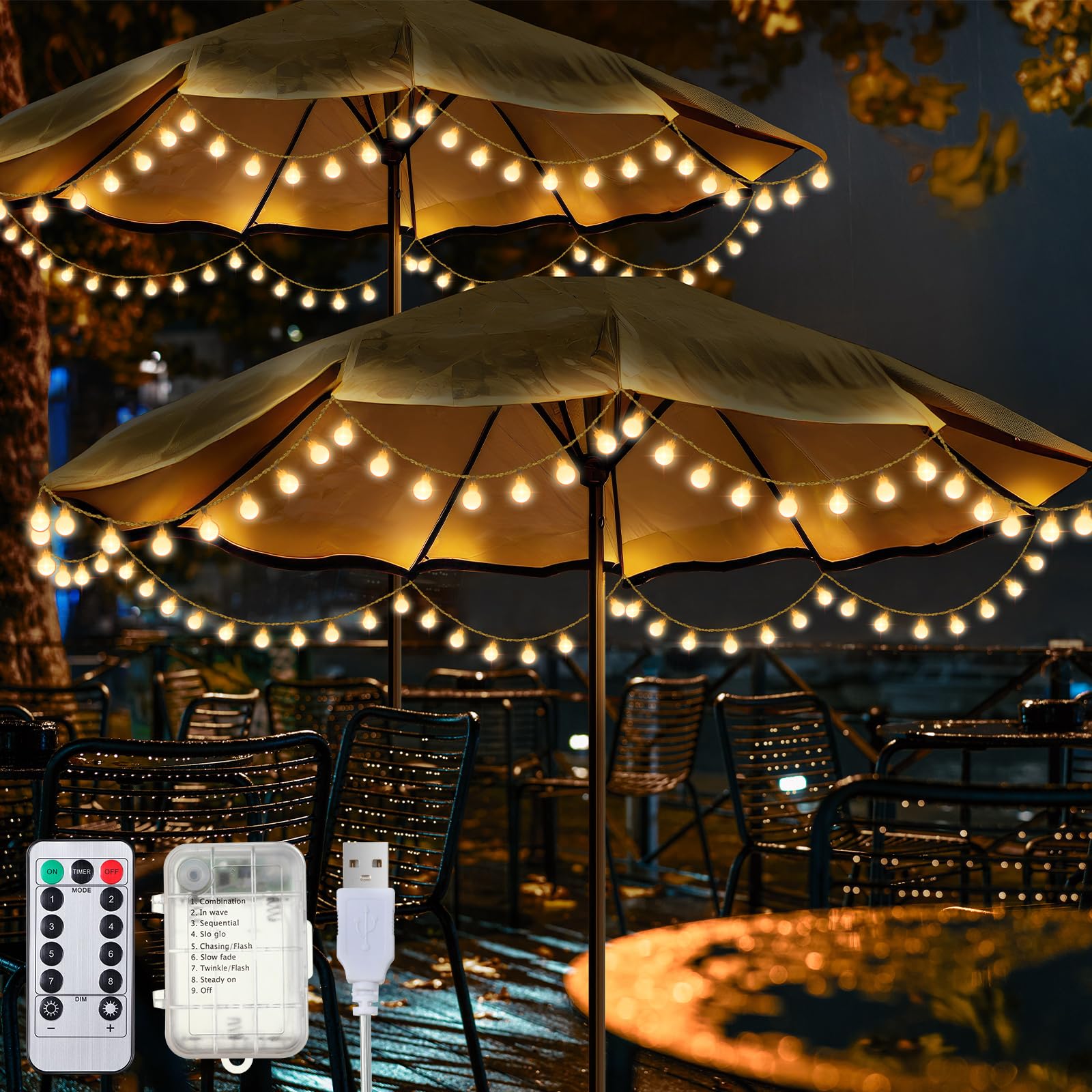 2 Pack 32 Feet Patio Umbrella Lights, 8 Lighting Modes LED String Lights with 64 Pcs Shatterproof Globe, Remote Control Battery 