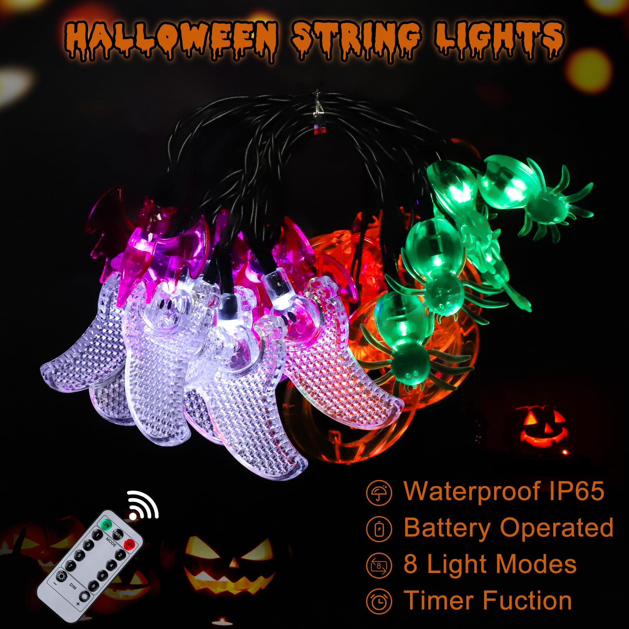 Biawoy 20Ft Halloween String Lights, 40 Led Pumpkin Bat Ghost, Timer, Waterproof, Battery Operated