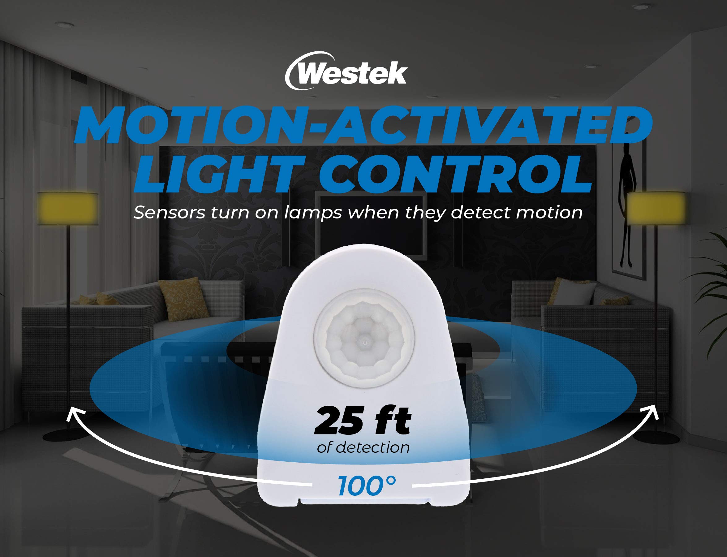 Westek Plug In Motion Sensor Outlet Light Control, 2 Pack - Indoor Motion Sensor Device Activates Lights When Motion Is Detected - Ideal For Dark Hallways - 25Ft Range, 6 Foot Cord (Mlc12Bc-4)