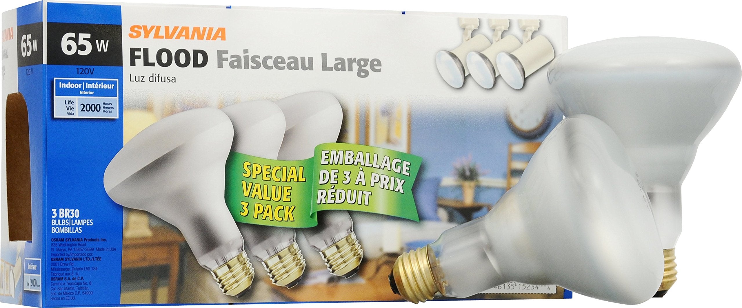 Sylvania Fluorescent BR30 Flood Light Bulb, 65W, Dimmable, Medium Base, 600 Lumens, 2850K, Soft White - 3 Pack (15234)