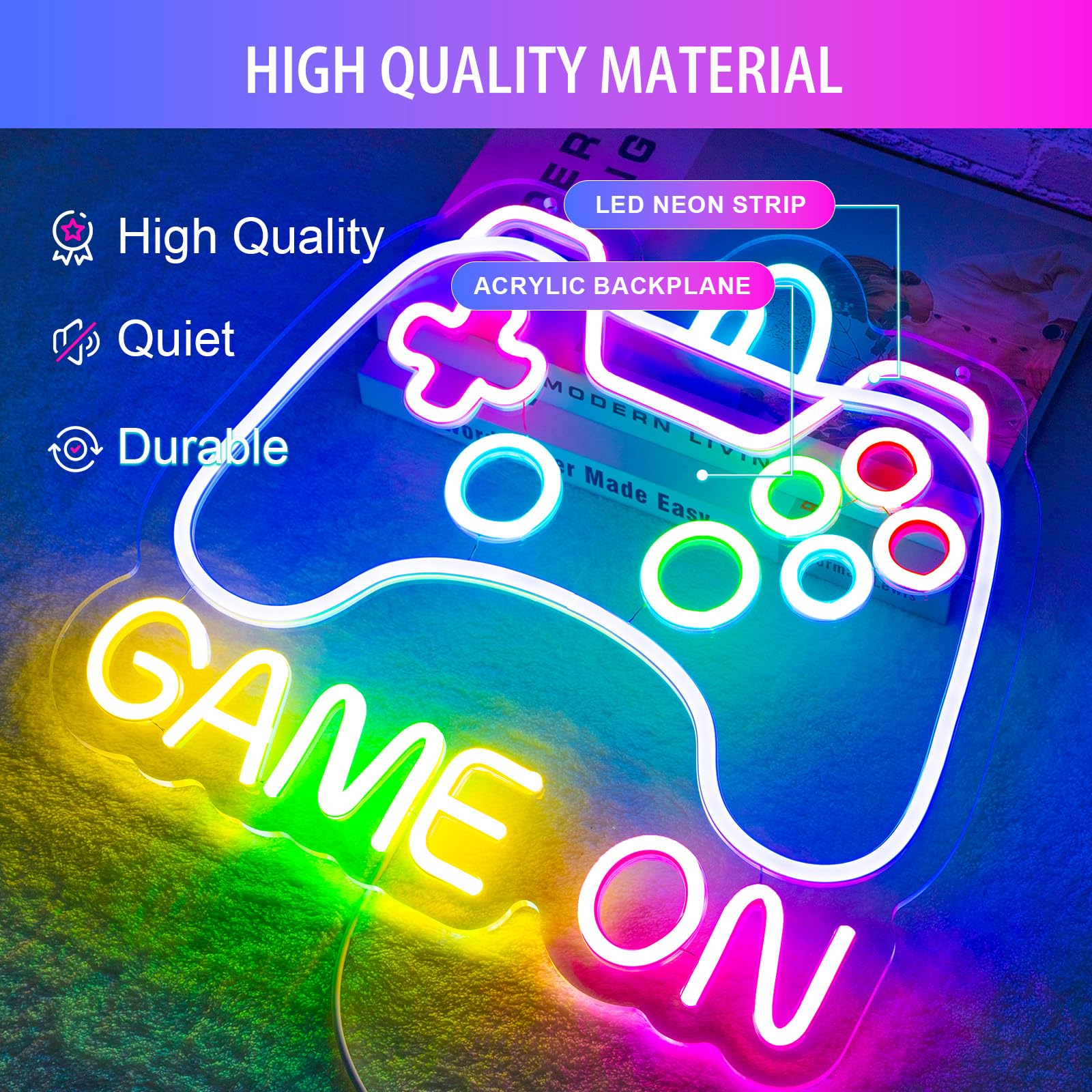 Basaneon Gamer Neon Sign, Game Controller LED Decor, Dimmable USB Powered, 14.1x12.9 inches, A-Game On, Model ZF-GAME ON