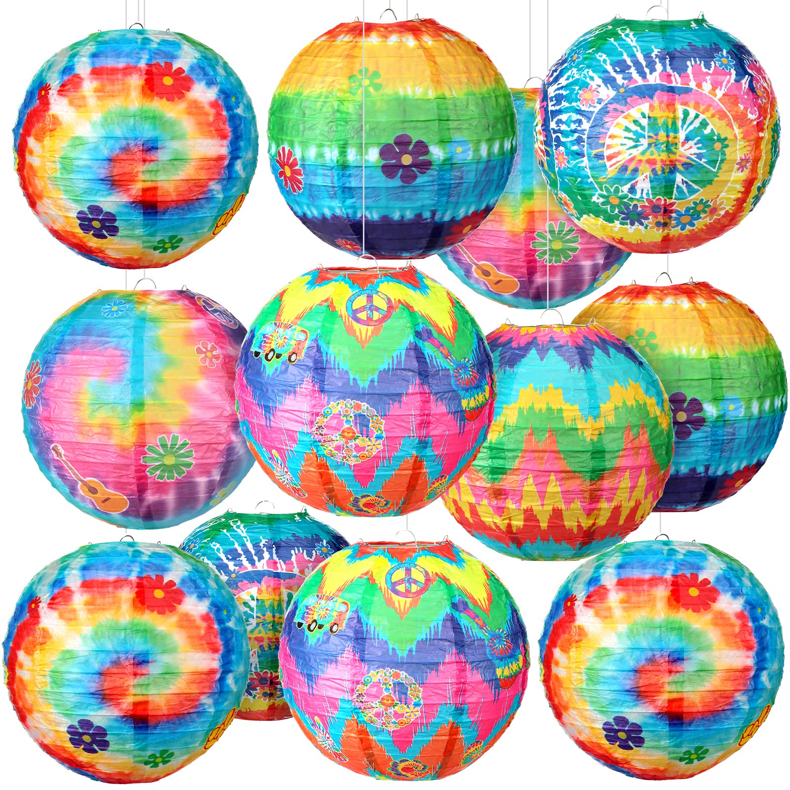 Panelee 12 Pcs Tie Dye Paper Lanterns Party Decorations 8 Inch Hanging Round Paper Lanterns for Holiday Indoor Outdoor Party Han