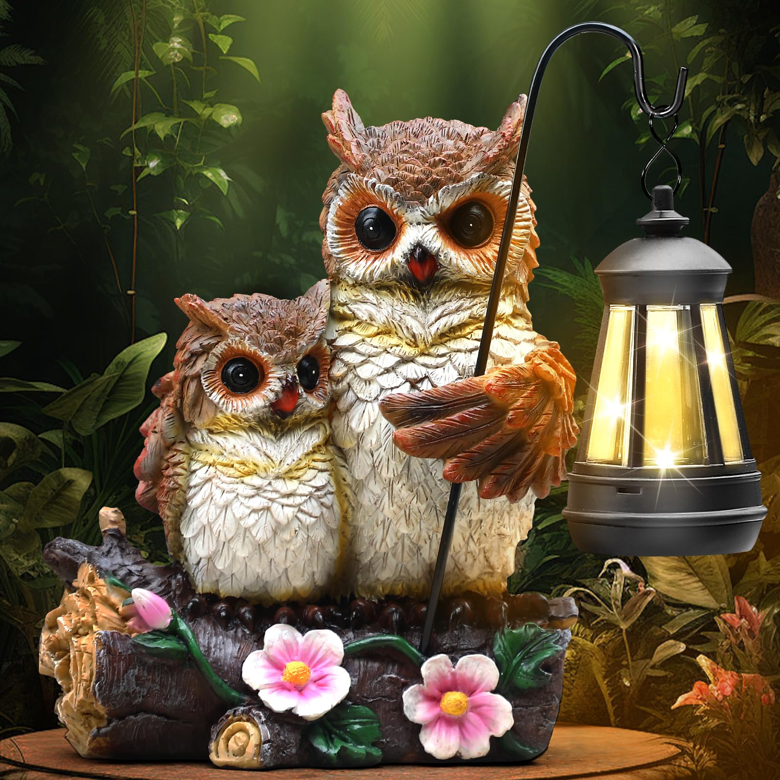 Json Garden Owls Statue With Solar Led Lantern  Loving Owls Family Embrace  Gifts For Mom Yard Art  Whimsical Figurine Large Sculpture Lighted Outdoor MotherS Day Spring Decorations For Lawn  Porch