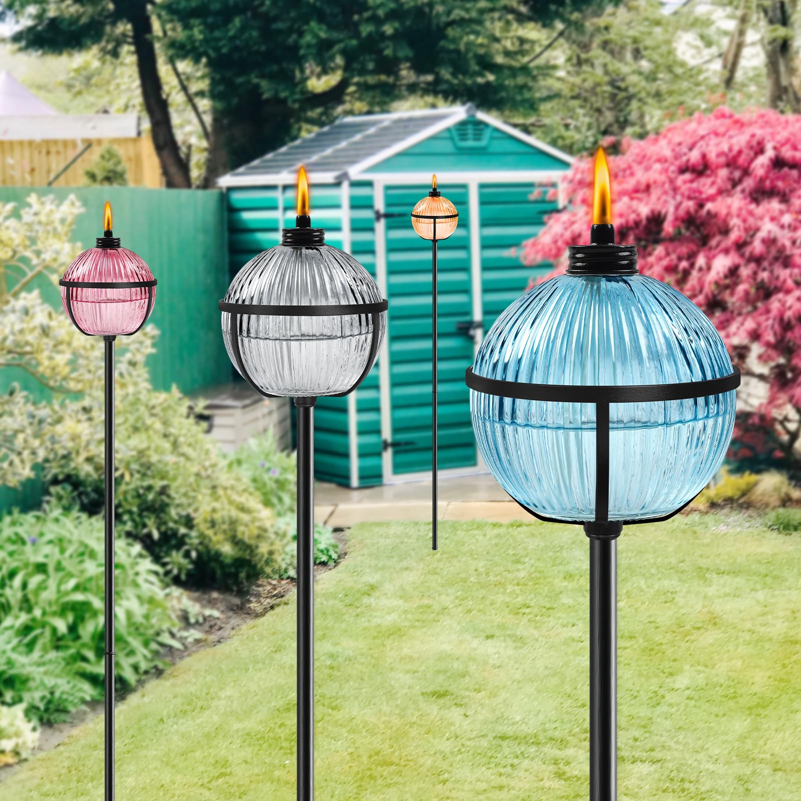 Falbawr Citronella Torches Set Of 4 - 16 Oz Glass Outdoor Lanterns With 3-Prong Stake,