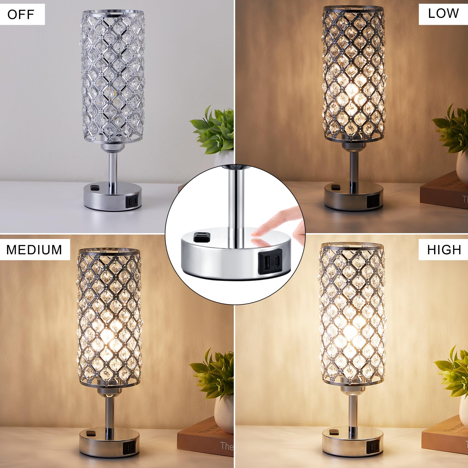 Hong-In Crystal Table Lamp, Lamp For Bedroom With Usbc-A+ Ac Charging Ports, 3 Way Dimmable Light With Crystal Lampshade, Bedsid