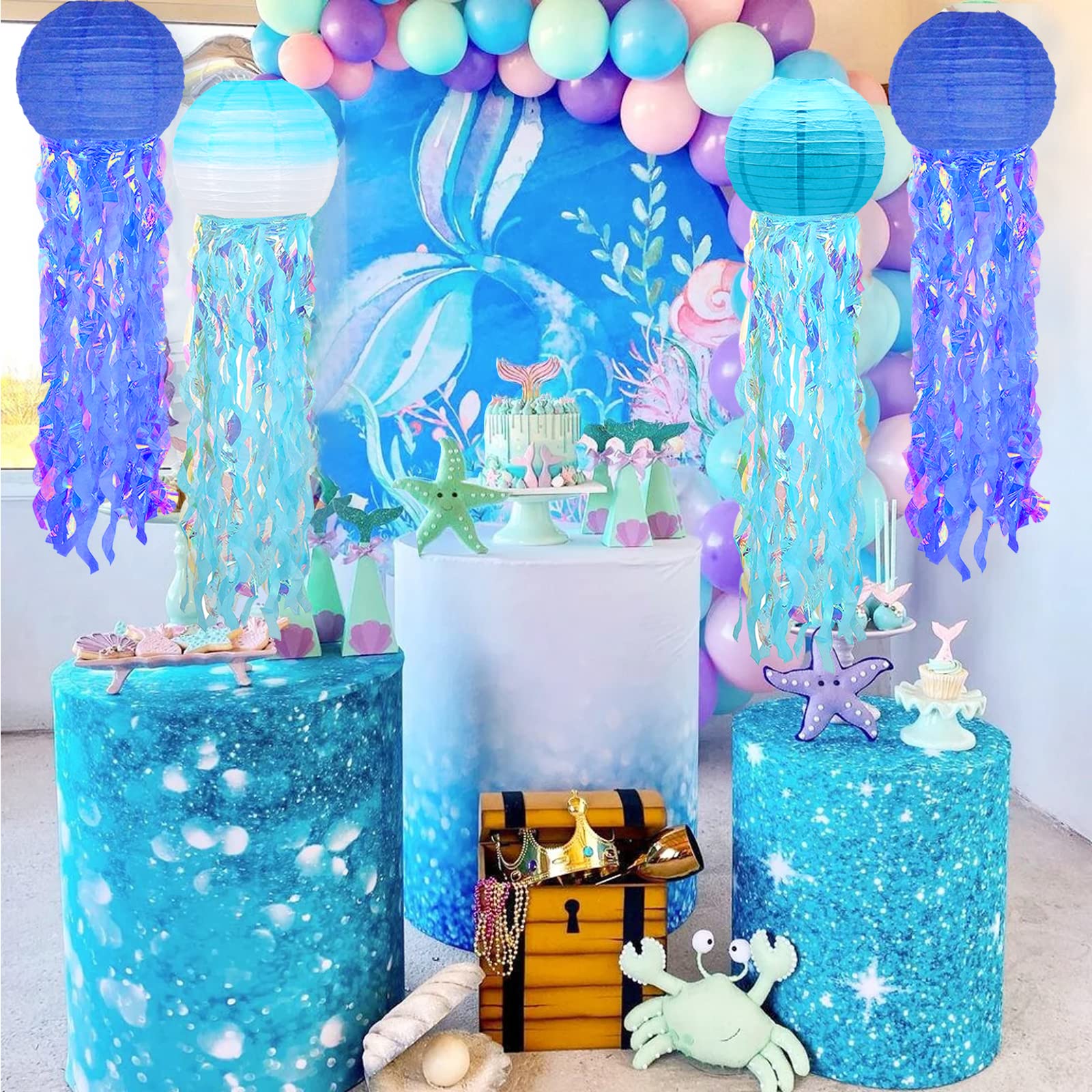 6 Packs Jellyfish Paper Lanterns Hanging Mermaid Wishes Lantern Gradient Blue Sky Blue Ocean Theme Party Supplies Great For Kids