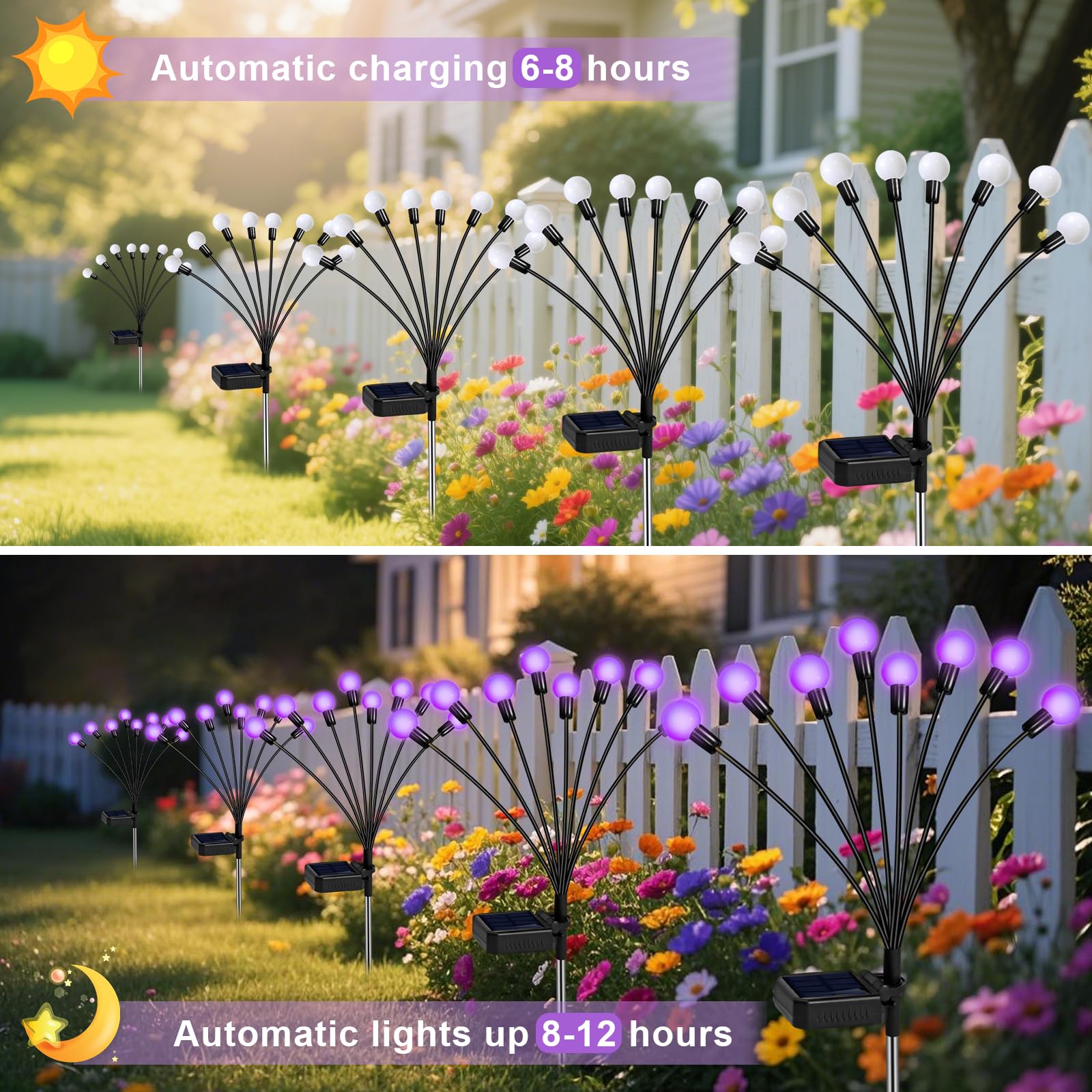 ZFNN Solar Firefly Lights - 36 LEDs Outdoor Waterproof Decorative - 6 Pack, Purple, Plastic, Model YHC-6pack6head