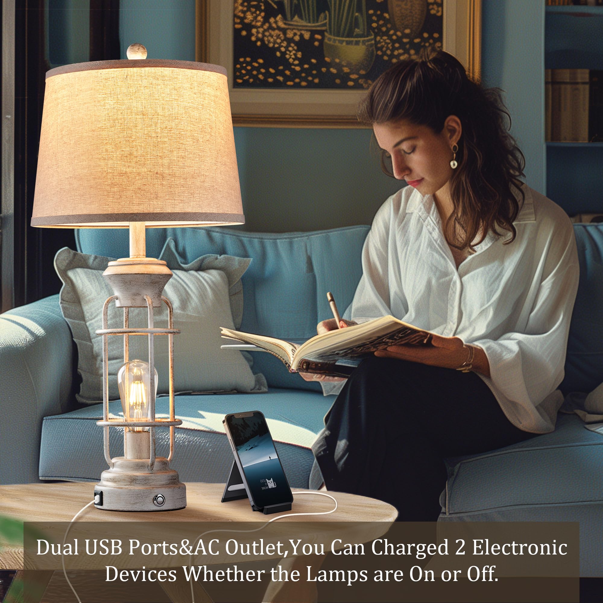 Reaketon 29.3'' Farmhouse Table Lamp Set Of 2 With Usb Charging Ports, Tall Table Lamp For Living Room,3-Way Dimmable Lamps For