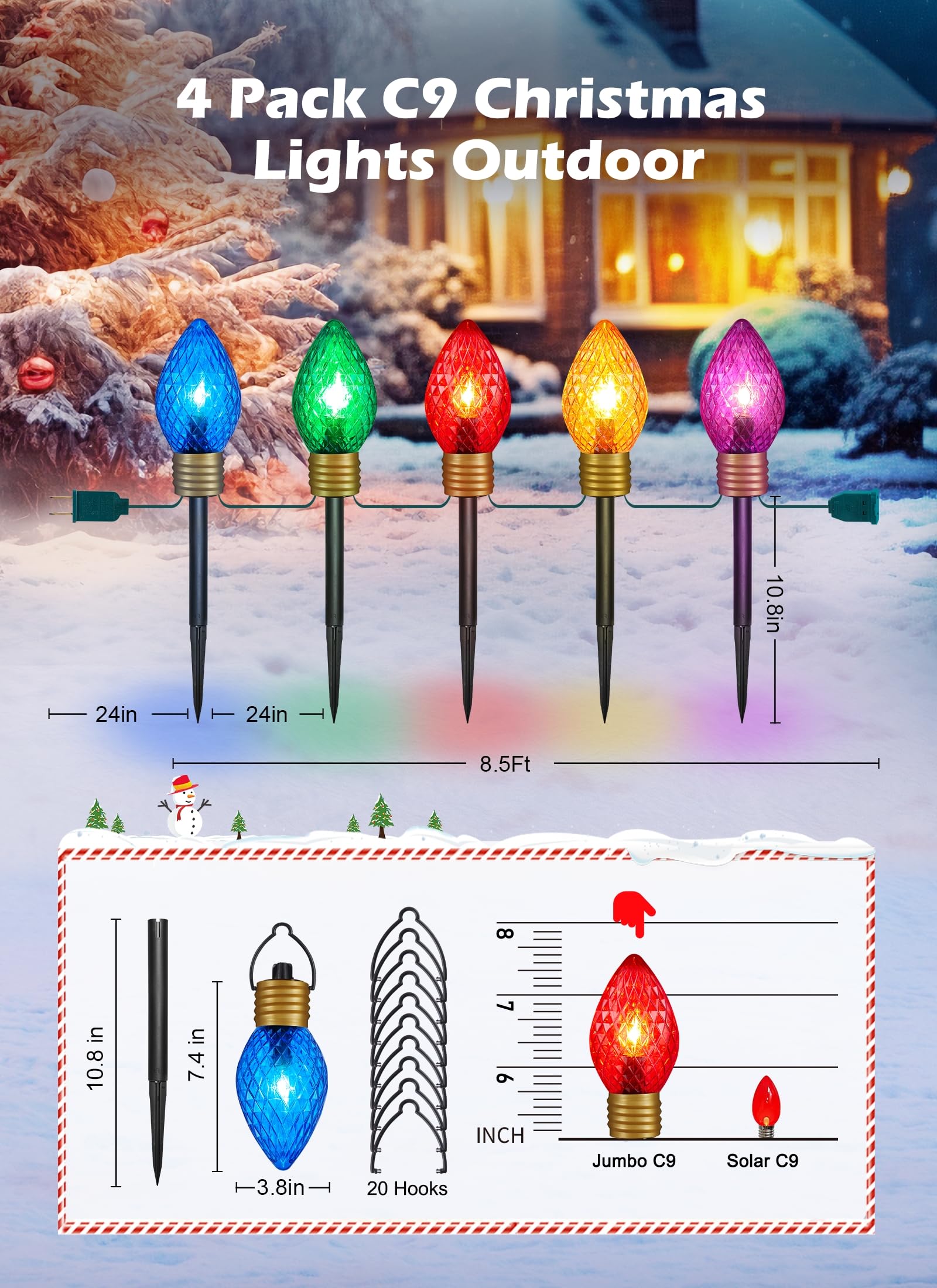 Strawberry Jumbo C9 Christmas Lights Outdoor - 4 Pack Total 34Ft 20 Led Jumbo C9 Christmas Pathway Lights Outdoor, C9 Walkway Lights, Christmas Decoration For Outside Lawn Holiday, Multicolor
