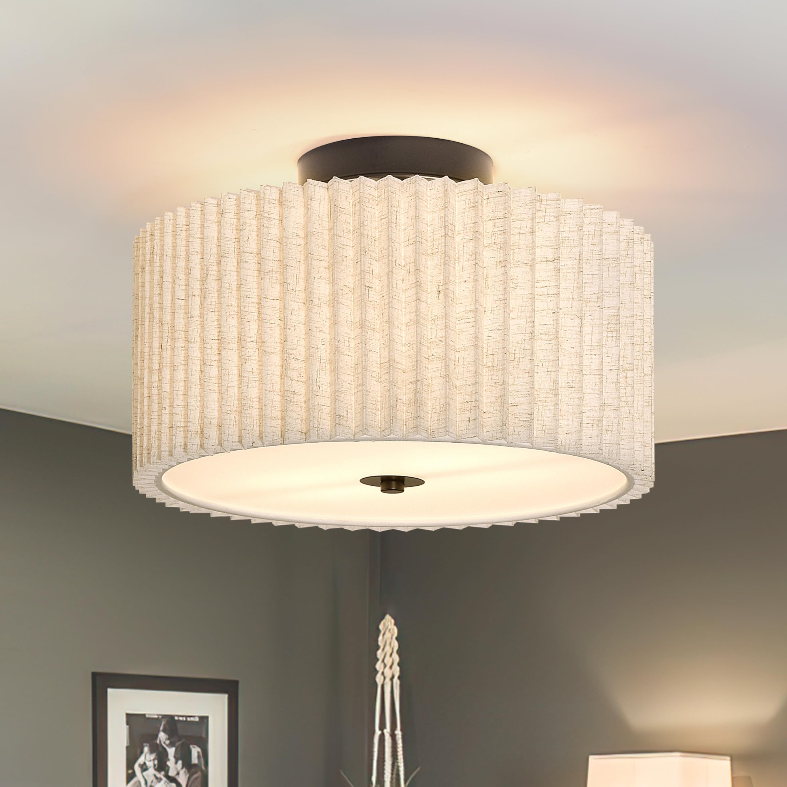 2 Light Semi Flush Mount Ceiling Light Fixture 12.6 Inch Modern Black Drum Ceiling Light Fixture With Pleated Fabric Shade Dimma