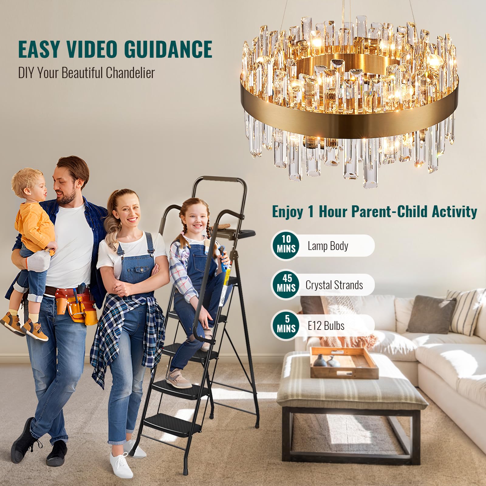 Siljoy Modern Crystal Chandelier, 12 Lights, Brass Gold Finish, Round 19.7 Inch, Clear Crystal, Model FSK0607