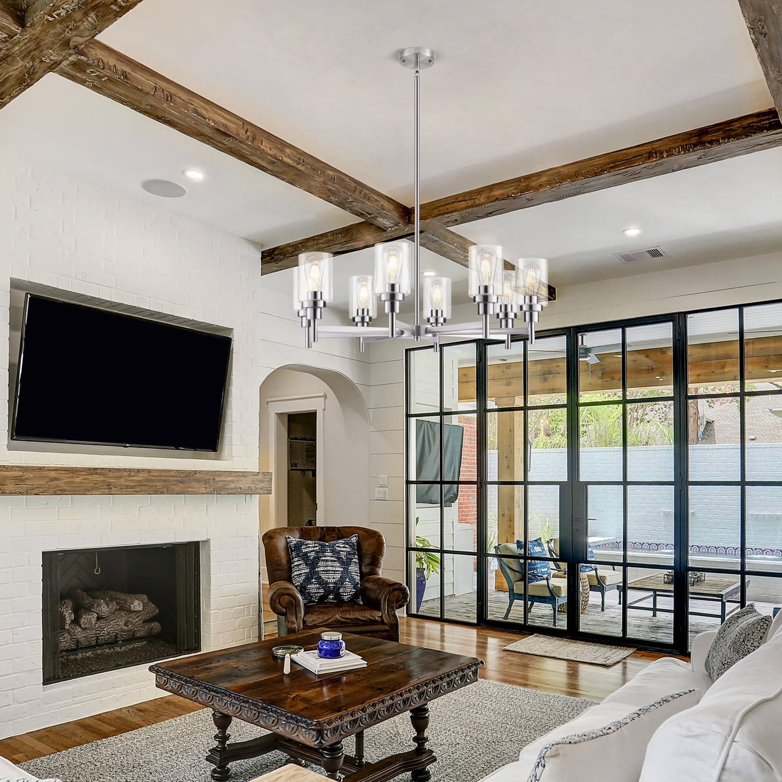 Seilisy 8 Lights Brushed Nickel Chandelier For Dining Room, Farmhouse Modern Contemporary Industrial Ceiling Hanging Pendant Lig