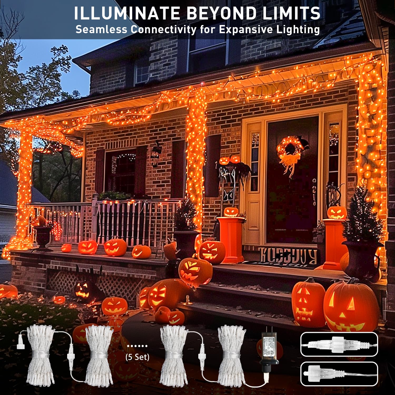 JMEXSUSS 150 LED Orange Halloween String Lights, 59 FT, Indoor/Outdoor, Connectable, 8 Modes, Model EXS-S-0150
