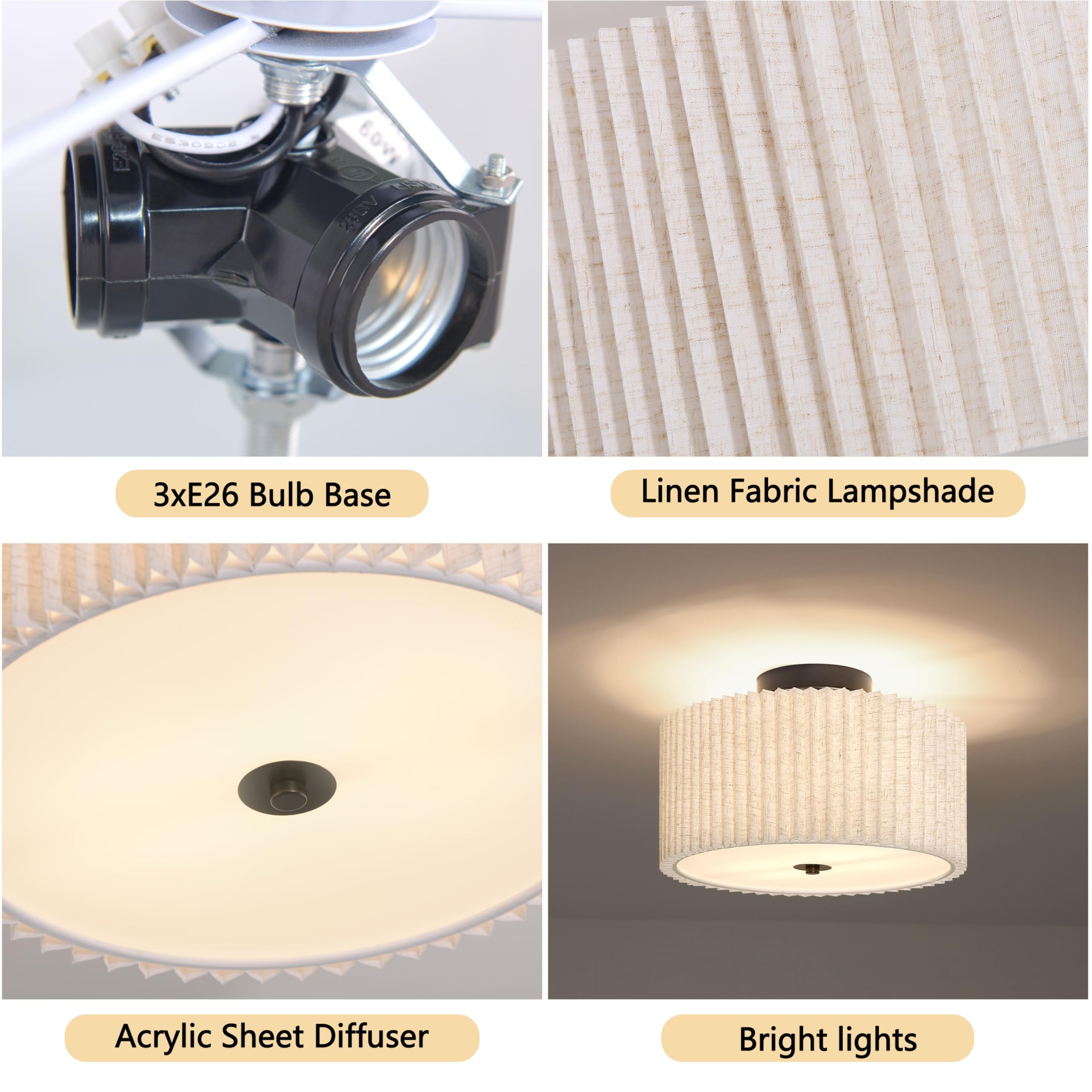 Bagood 3 Light Semi Flush Mount Ceiling Light Fixture 15.7 Inch Drum Light Fixture Drum Ceiling Light With Pleated Fabric Shade