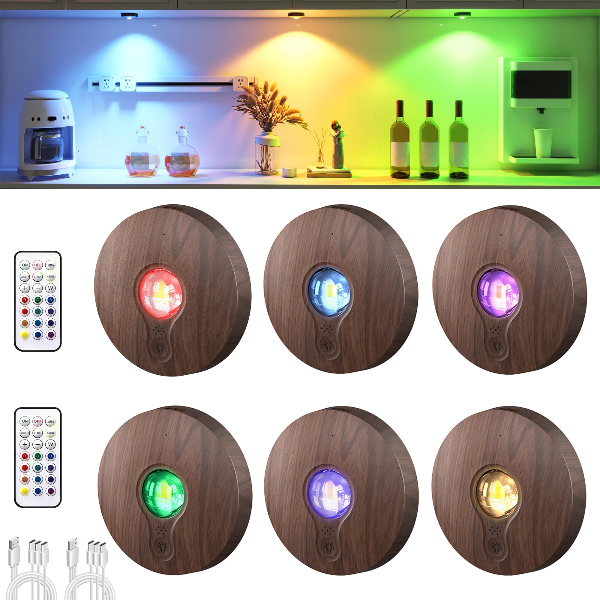 UNUSROOM Rechargeable RGB Puck Lights, 2000mAh Battery, Remote Control, Dimmable, Magnetic Mount, Dark Wood, Model T065