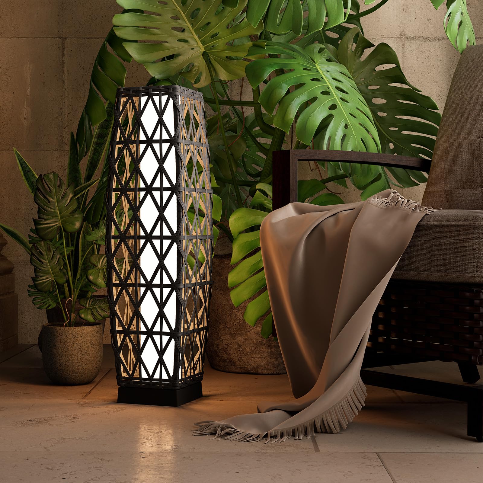 Grand patio Outdoor Solar Powered Floor Lamp, Weather-Resistant Resin Wicker, Large L-Cindy, Silver Gray
