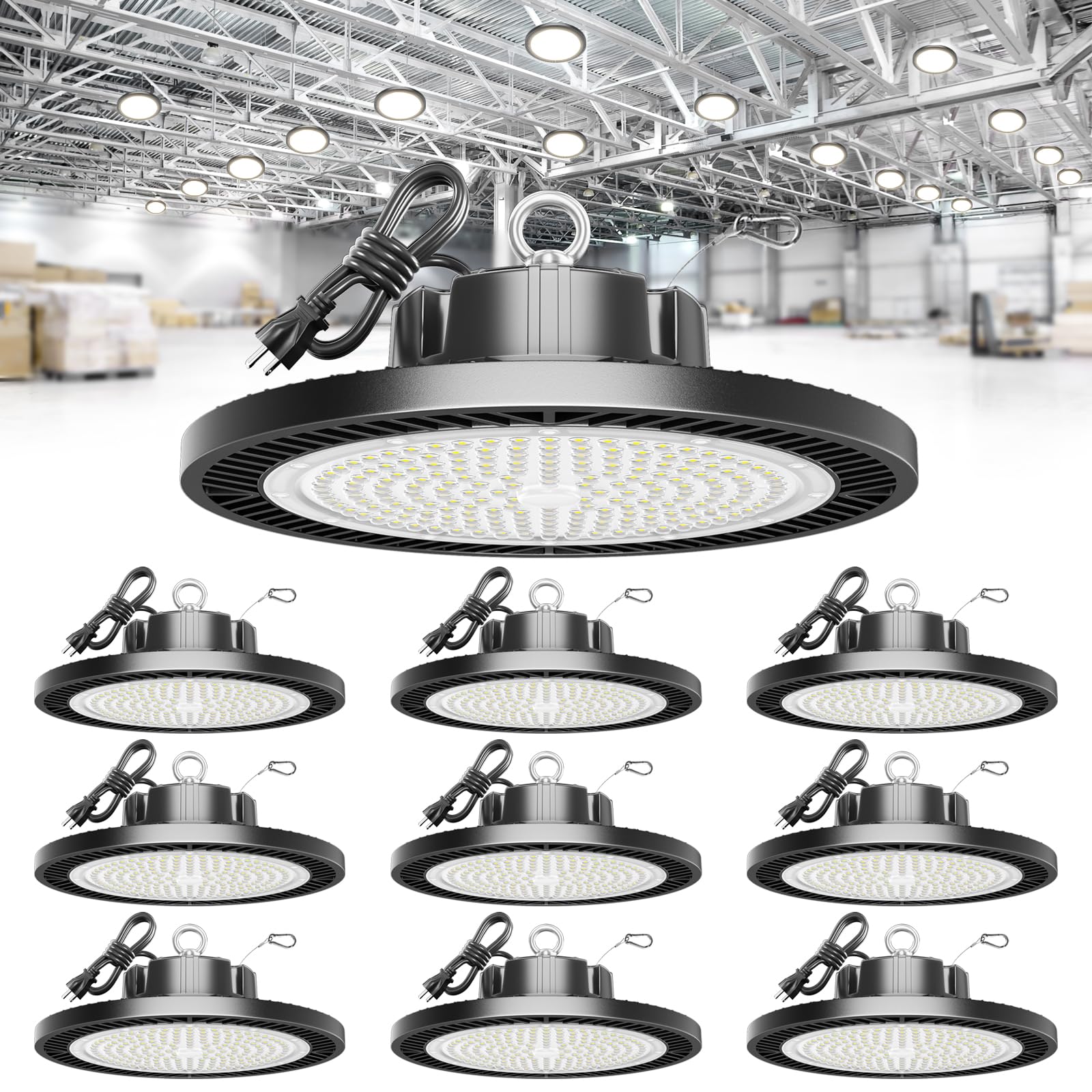 ELEKICO Super Bright 21000lm 5000k 150w 10 Pack UFO Led High Bay Shop Lights with 5Cable 3-Pin Plug Hook Safe Rope for Garage Factory Warehouse Workshop Barn