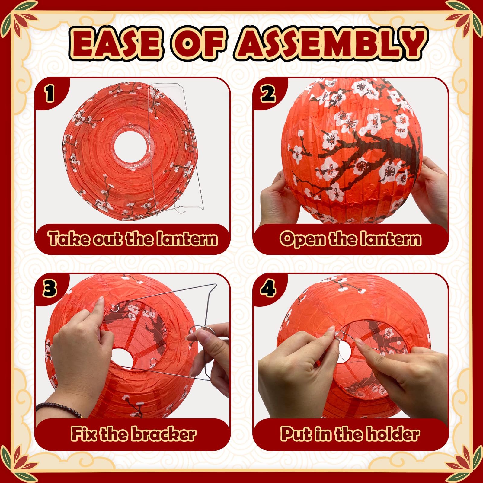 Peywot Hibachi Party Decorations - 14Pcs Round Paper Lanterns, Assorted Sizes 8in 10in 12in, Red, Black, Gold