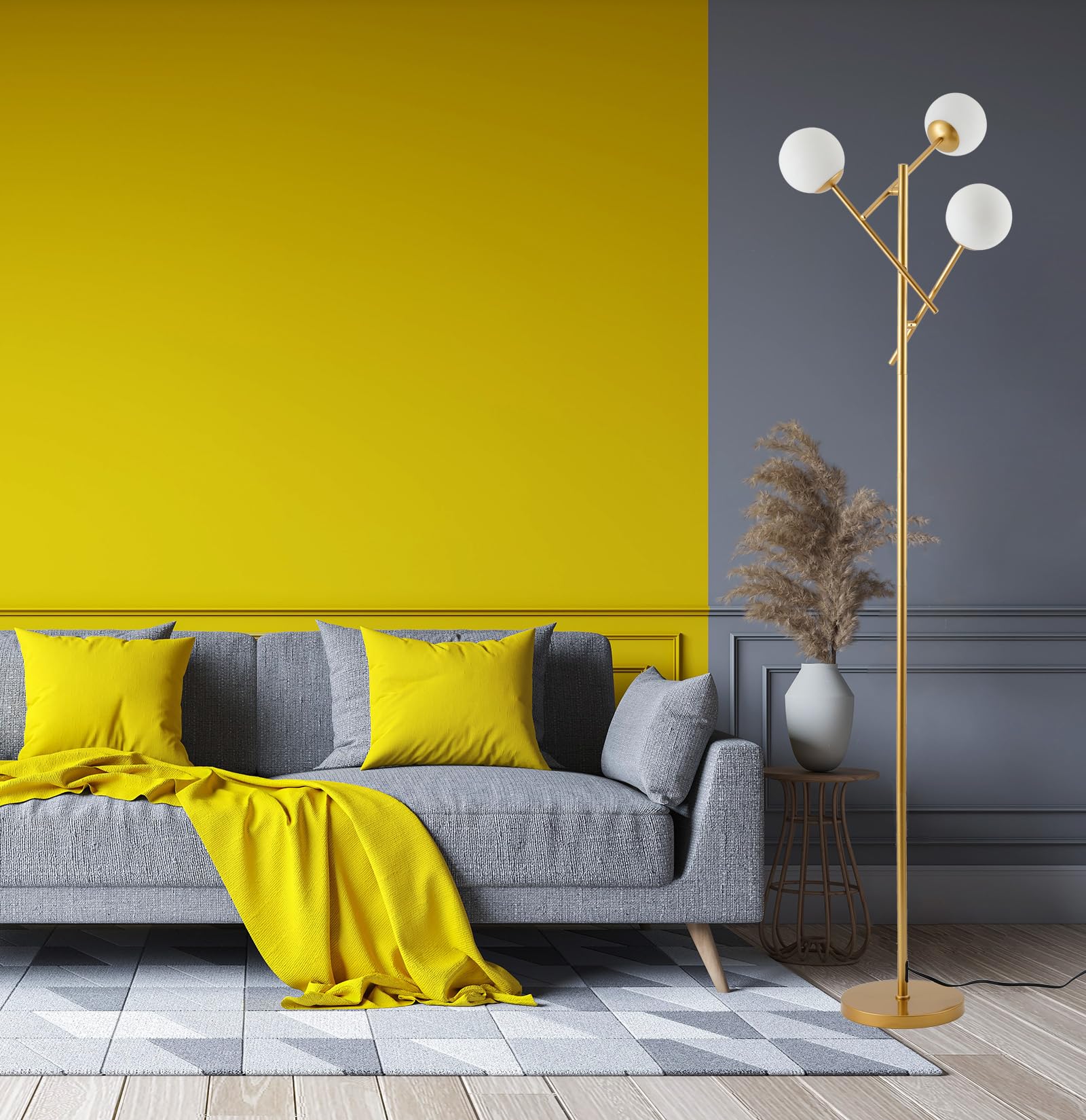 Fiqevs 3 Globe Mid Century Floor Lamp - Modern Gold With Rotatable Glass Shades, Led Bulbs