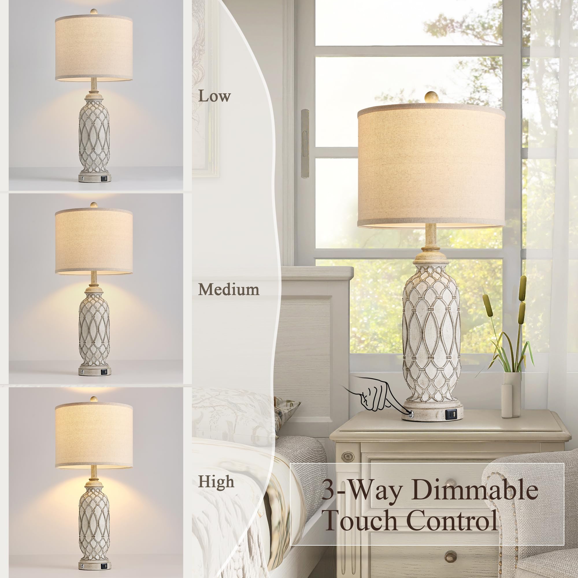 Ireliare 28'' Table Lamps For Living Room Set Of 2, Farmhouse Lamps For Bedroom With Usb A+C Charging Ports, Touch Lamps For Nig