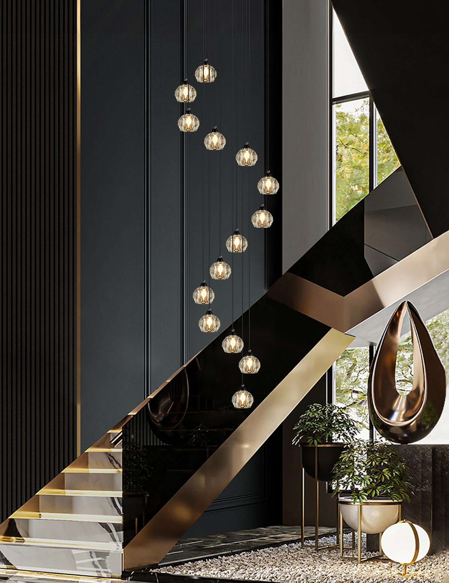 Weesalife 14-Light Crystal Chandelier, Black Modern Pendant Light Fixture for High Ceilings, Model 8817-12C BR