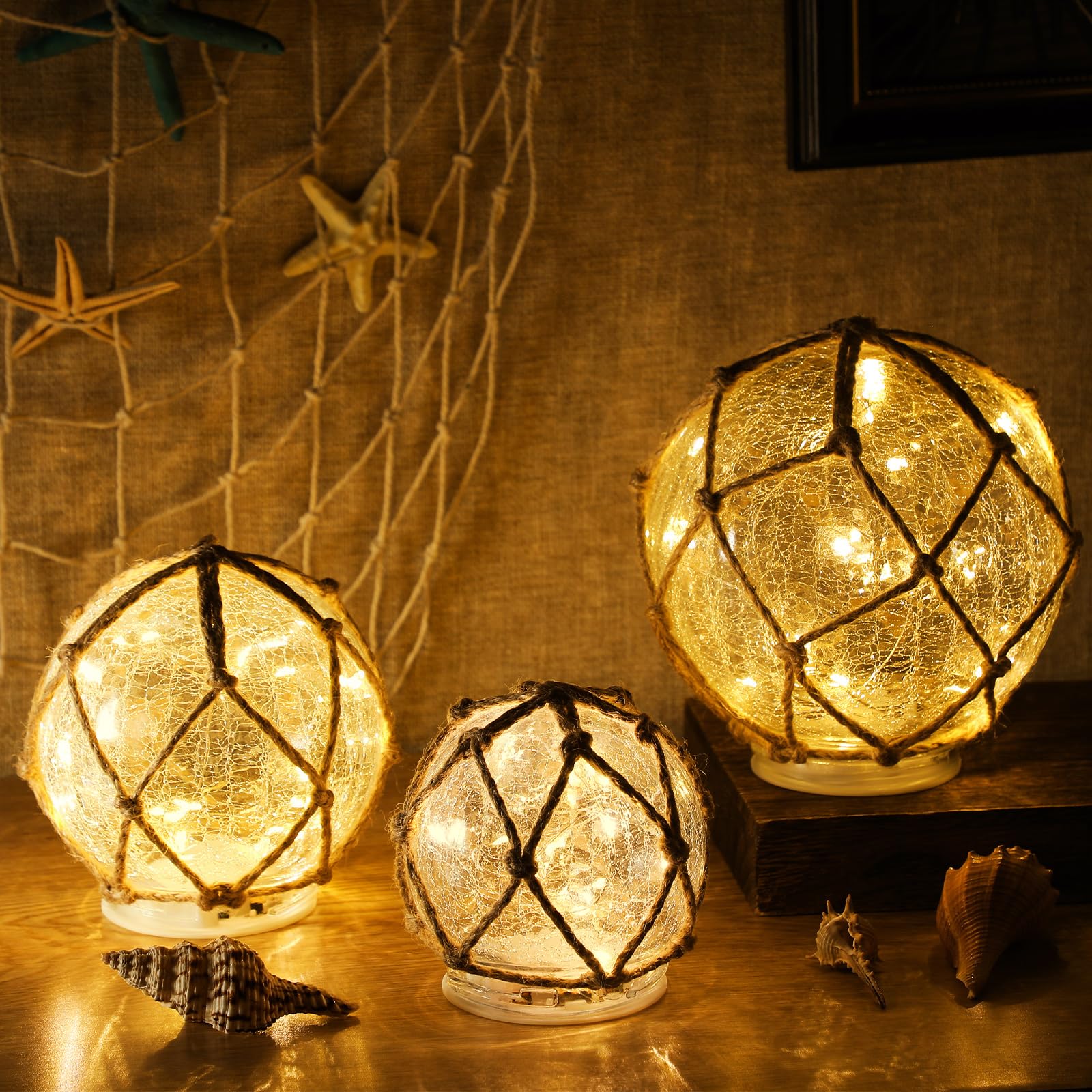 Kittmip 3 Pack Glass Fishing Float Nautical Lamp Coastal Beach Decor Nautical LED Light up Glass Buoy for Coastal Beach Decor(Bl