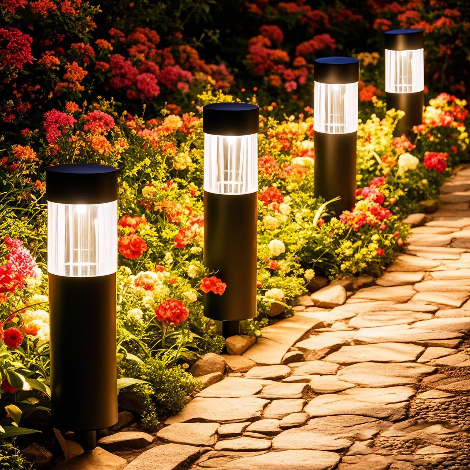 Glosola Solar Pathway Lights Outdoor 4 Pack, Stainless Steel Solar Garden Lights, Bright 35LM Warm White LED, Auto On/Off IP65 W