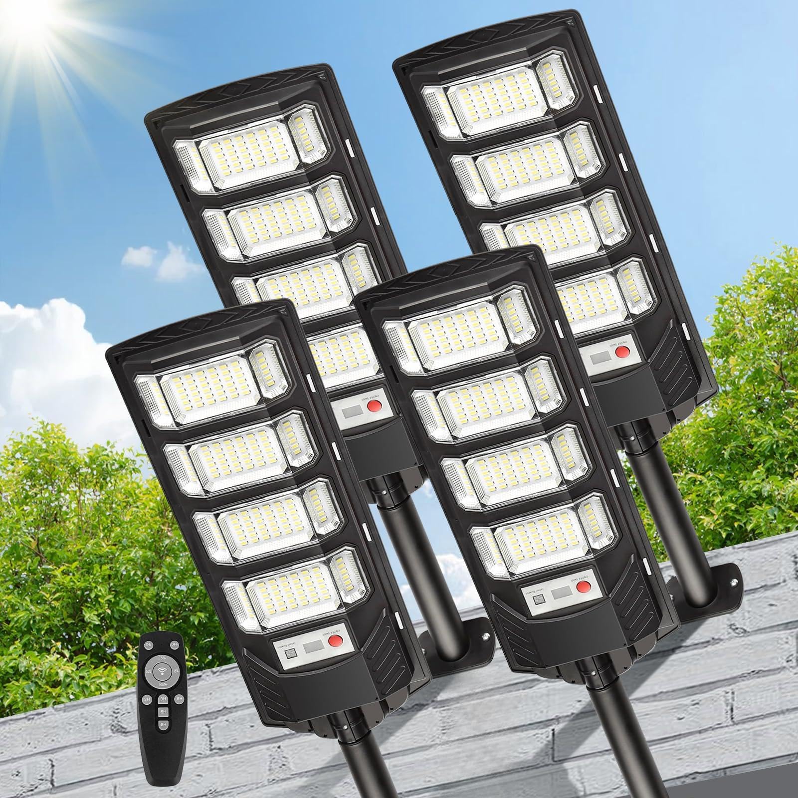 4 Pack 12000 Lumen Solar Street Lights Outdoor Waterproof Dusk to Dawn Garage, Patio, Garden, Parking Lot