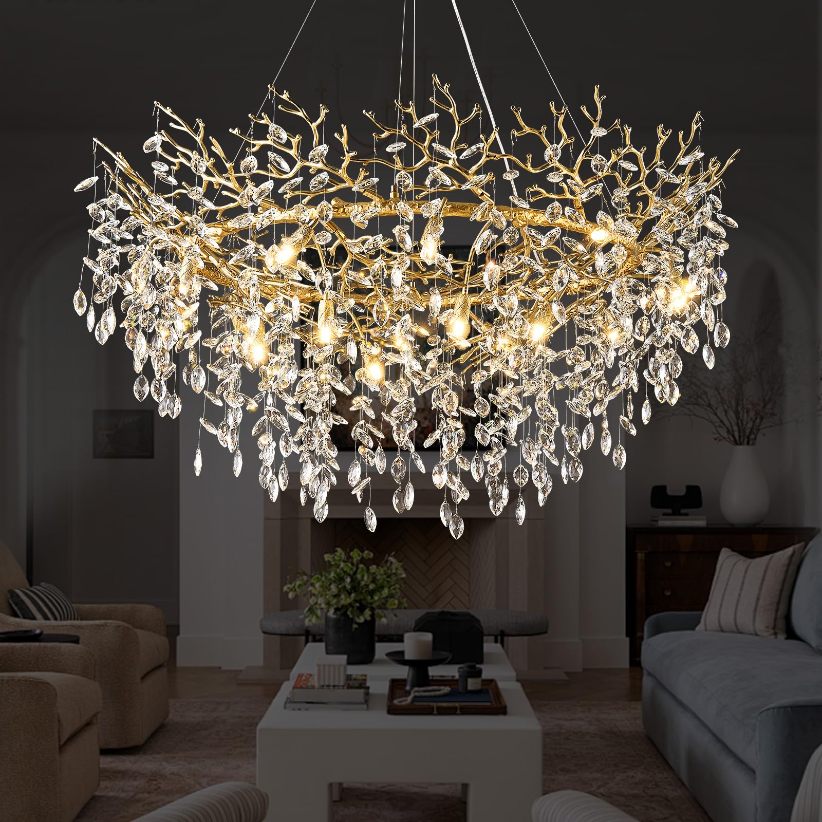 kvtinmty 14-Light Modern Large Crystal Chandelier for Dining Room, 48'' Round Gold Crystal Tree Branche Chandelier, Living Room 