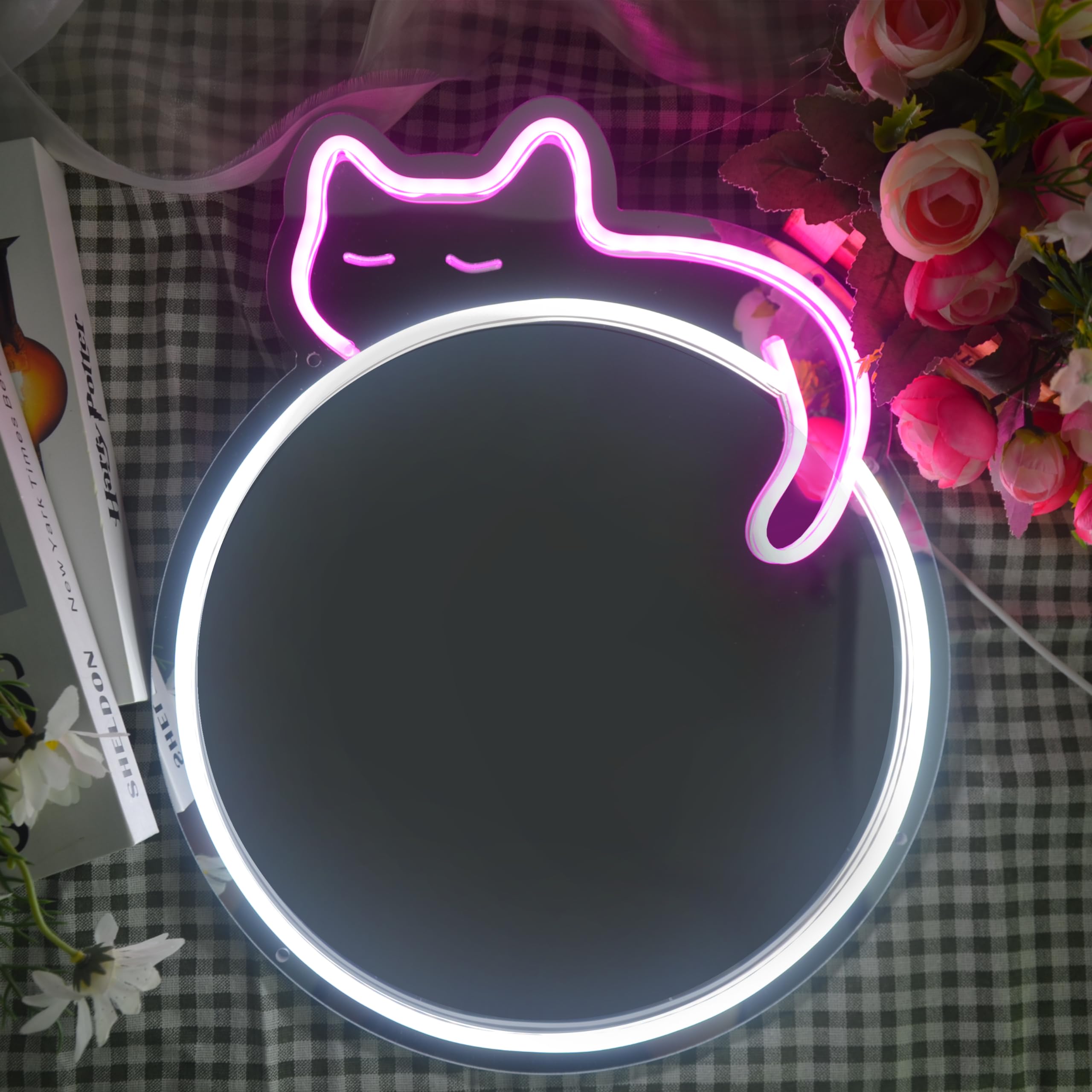 Jxin Cat Neon Signs Mirror 16.53X13.38 Usb Powered With Dimmer Led Cute Neon Light For Wall Room Decor Bedroom Living Room Party Studio Shop Birthday Gifts For Girls