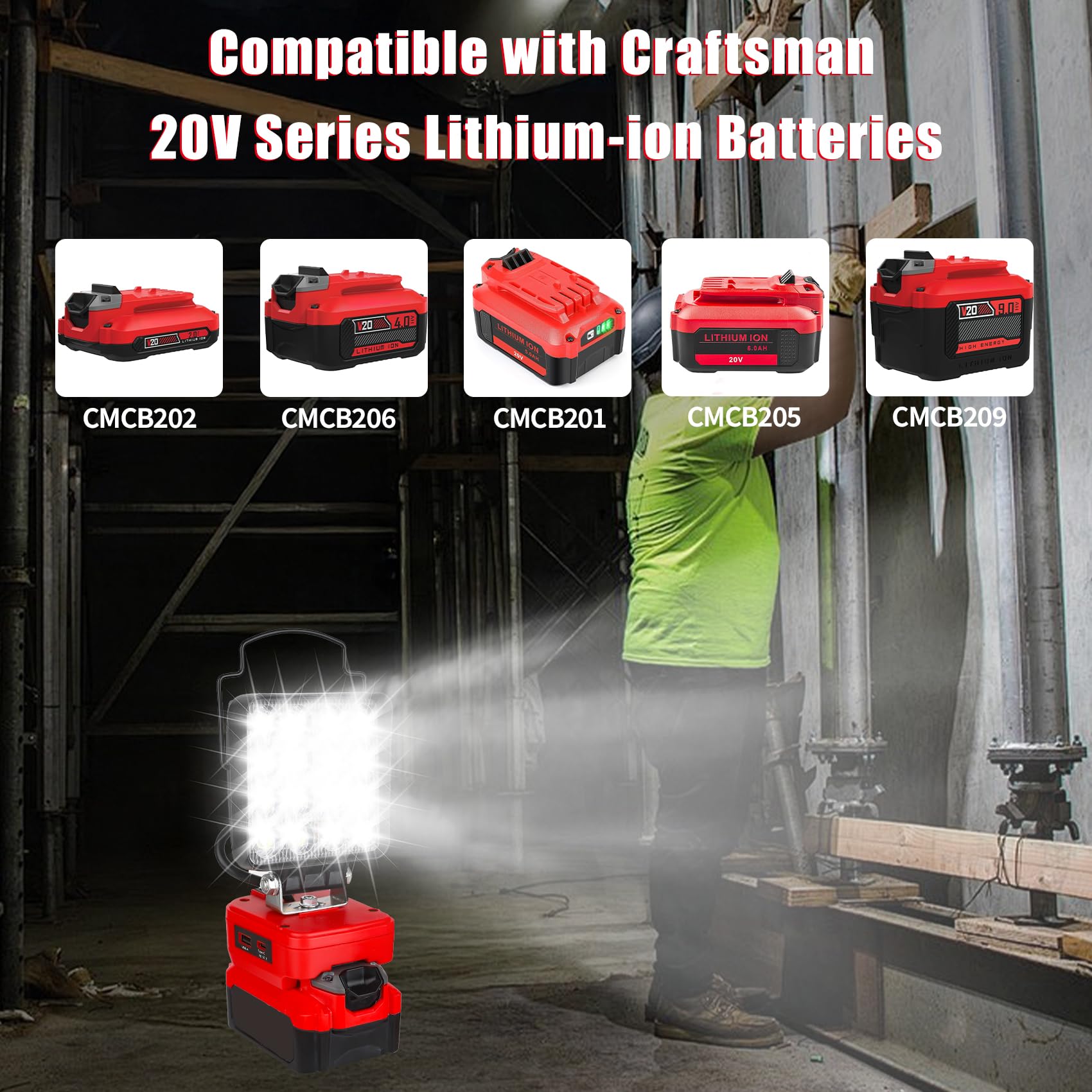 Fiihio Portable Led Work Light Compatible With Craftsman V20 Battery  48W 4200Lm Cordless Flood Light With Usb & Type-C Ports  Low Voltage Protection  For Job Site Lighting  Camping (No Battery)