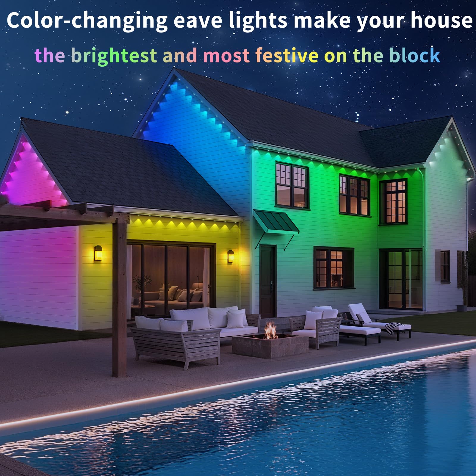 YIBULAYIN 100FT Smart RGB Outdoor Lights, Waterproof LED Eaves Lighting, Multicolor, Model X50, App/Remote Control