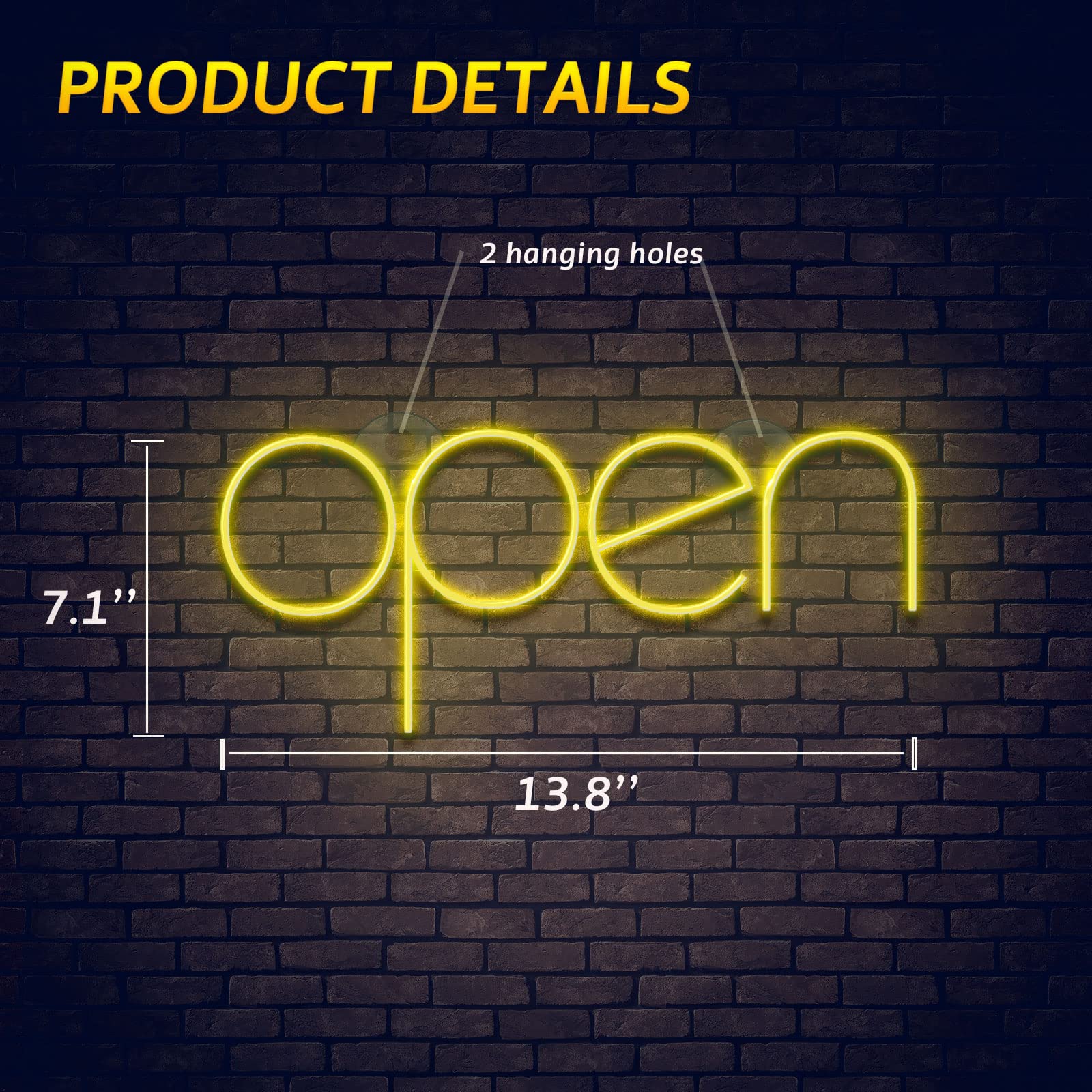 StarryMine LED Neon Open Sign - Yellow, USB or Battery Powered, 13.8inx7.1in, for Business, Party, Bar, Salon, Store Decor