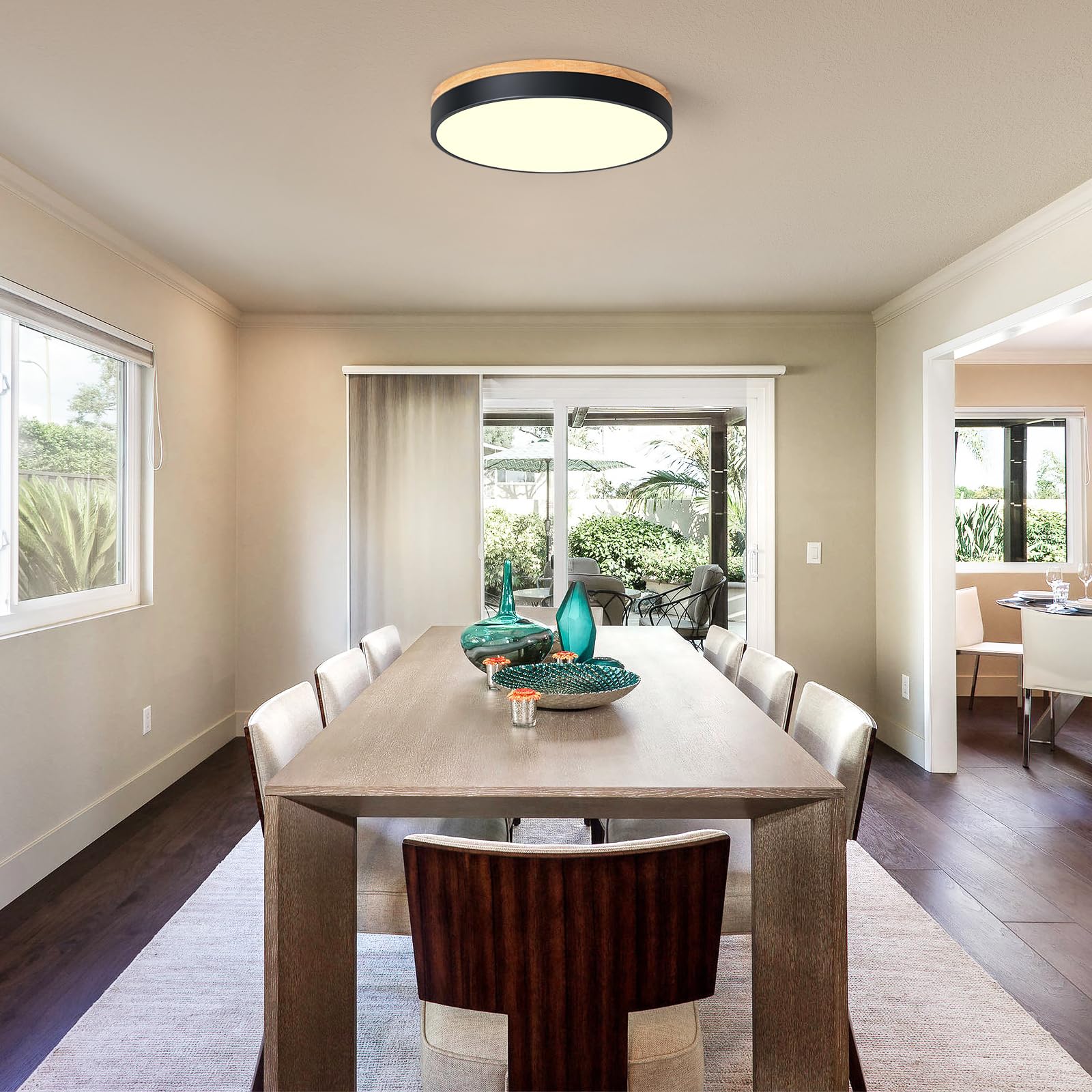 Yiisem Dimmable Wood Led Flush Mount Ceiling Light, 5Cct 2700K-6000K Modern Black Close To Ceiling Lighting Fixtures, Minimalist