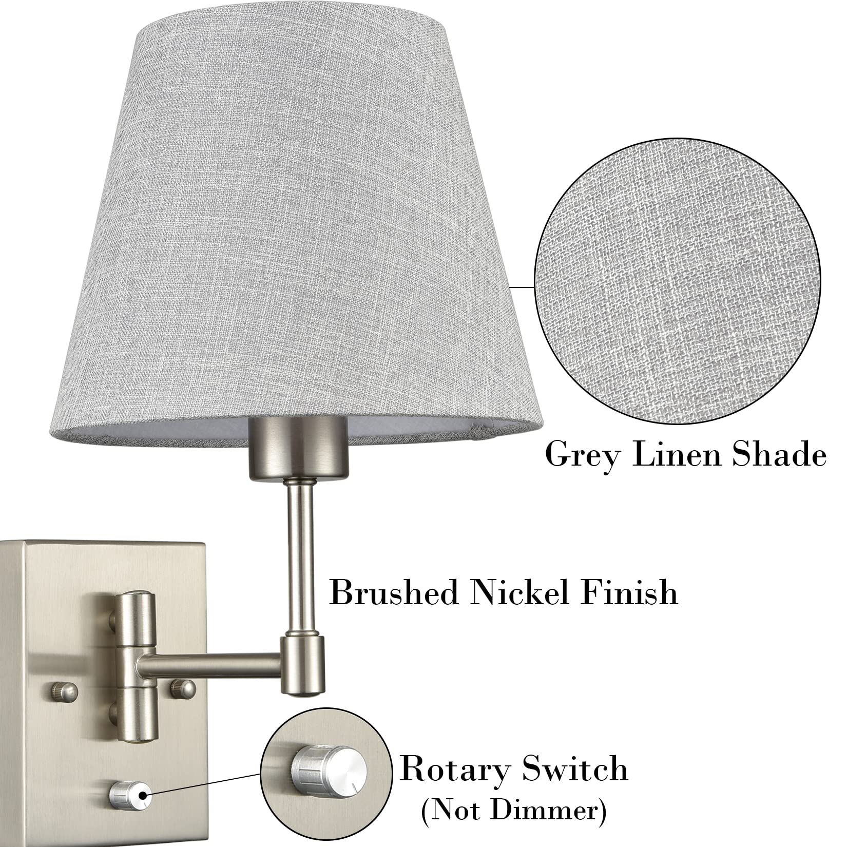 Samteen Swing Arm Wall Sconces Set Of Two Plug In Wall Lamp With Grey Fabric Shade And On Off Switch Wall Light For Bedside Living Room Hallway, Brushed Nickel Finish