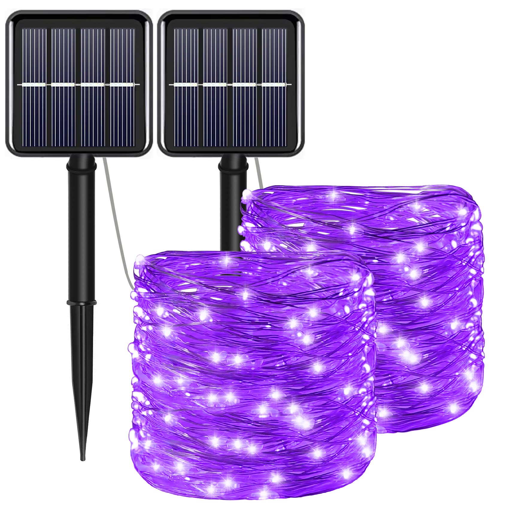 YAOZHOU Solar String Lights, 100 LED, Copper, 8 Modes, Waterproof, Purple, 2 Pack