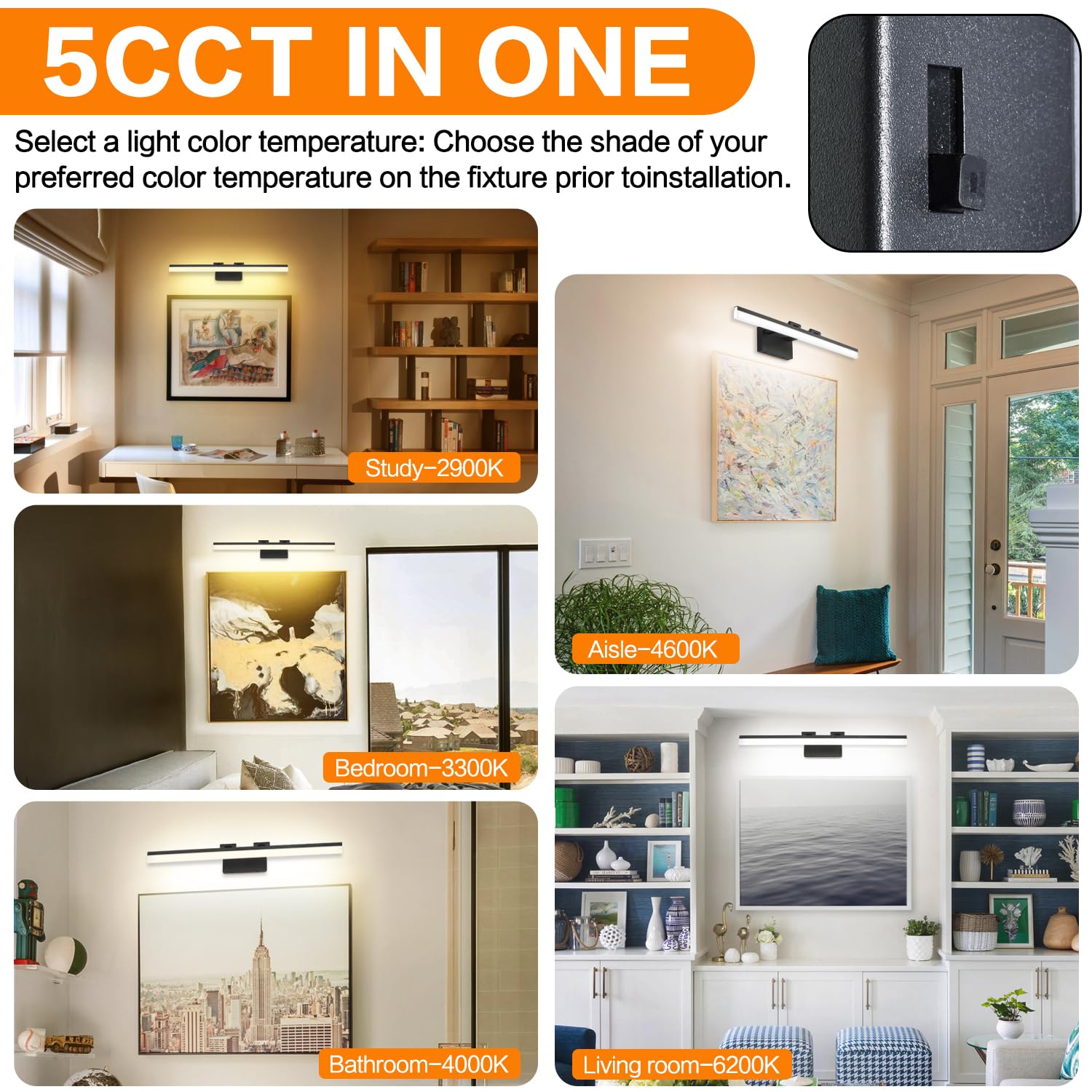 SOLFART Vanity Lights Over Mirror, 31.5 Inch, 5 Color Temperature, Dimmable, Aluminum, Matt Black, Model 8778-810mm-BK-5CCT
