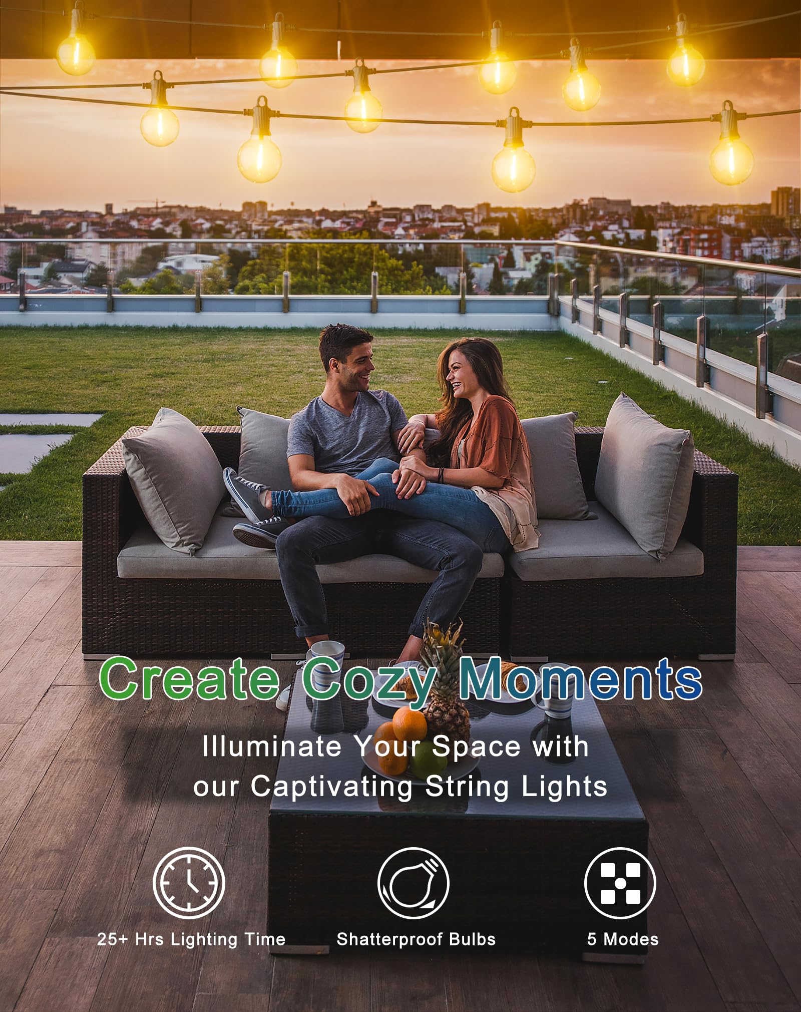 Zuske Solar String Lights Outdoor Waterproof 100Ft With Usb Port And 52 Shatterproof St38 Bulbs(2 Spare), Led Solar Powered Pati