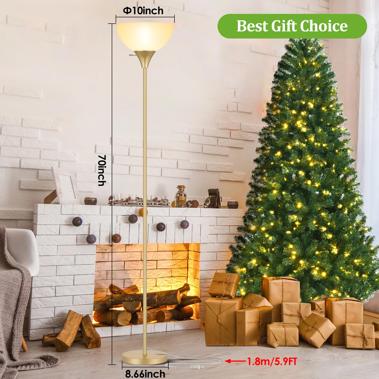 Coucrek LED Floor Lamp, Gold Metal with White Plastic Shade, Rotary Switch, Model F073