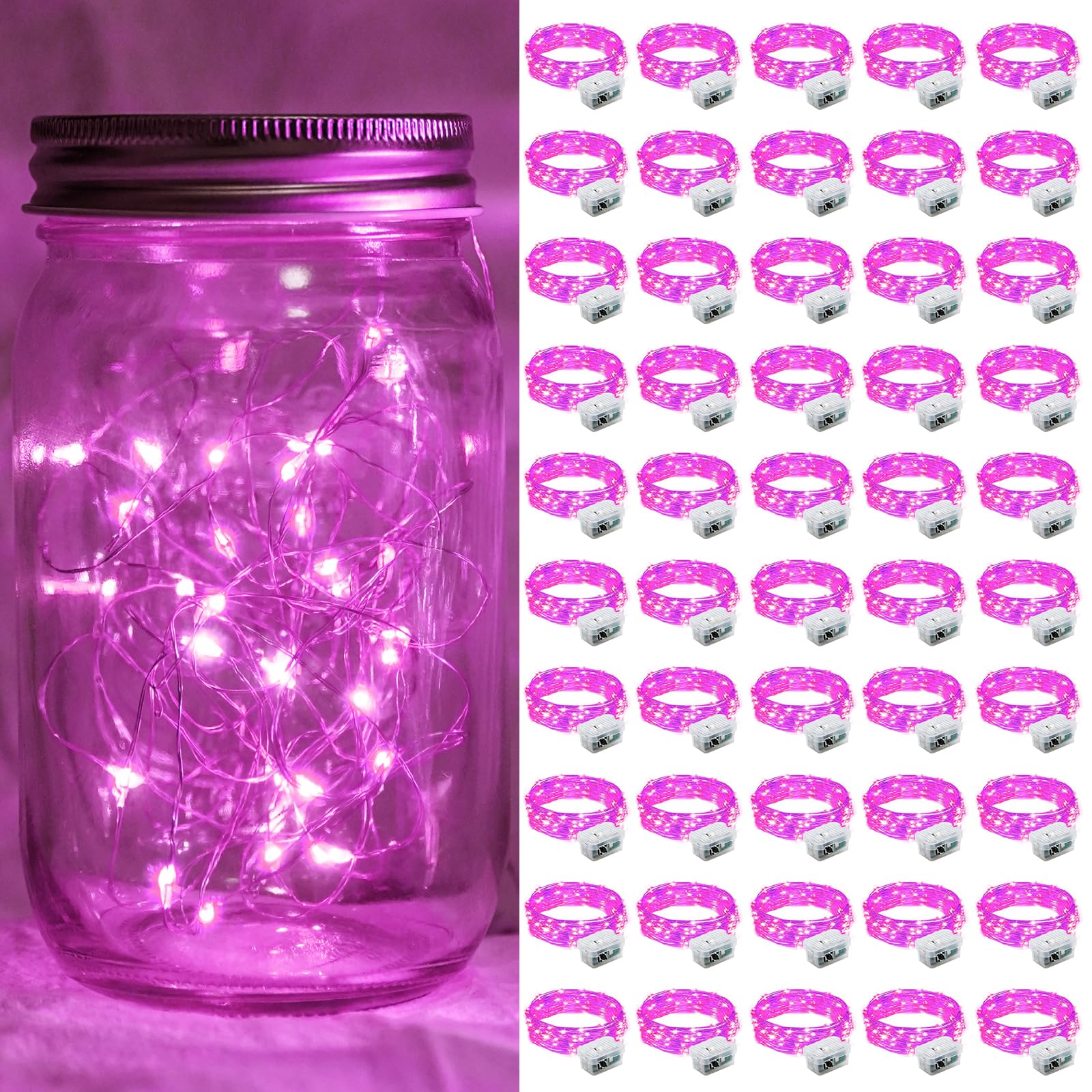 chzk 50 Pack Pink LED Fairy Lights Battery Operated, 7Ft 20LED Mini String Lights Waterproof Twinkle Lights Firefly Starry Moon Lights for Mason Jars Wedding Christmas Party Bedroom Decor