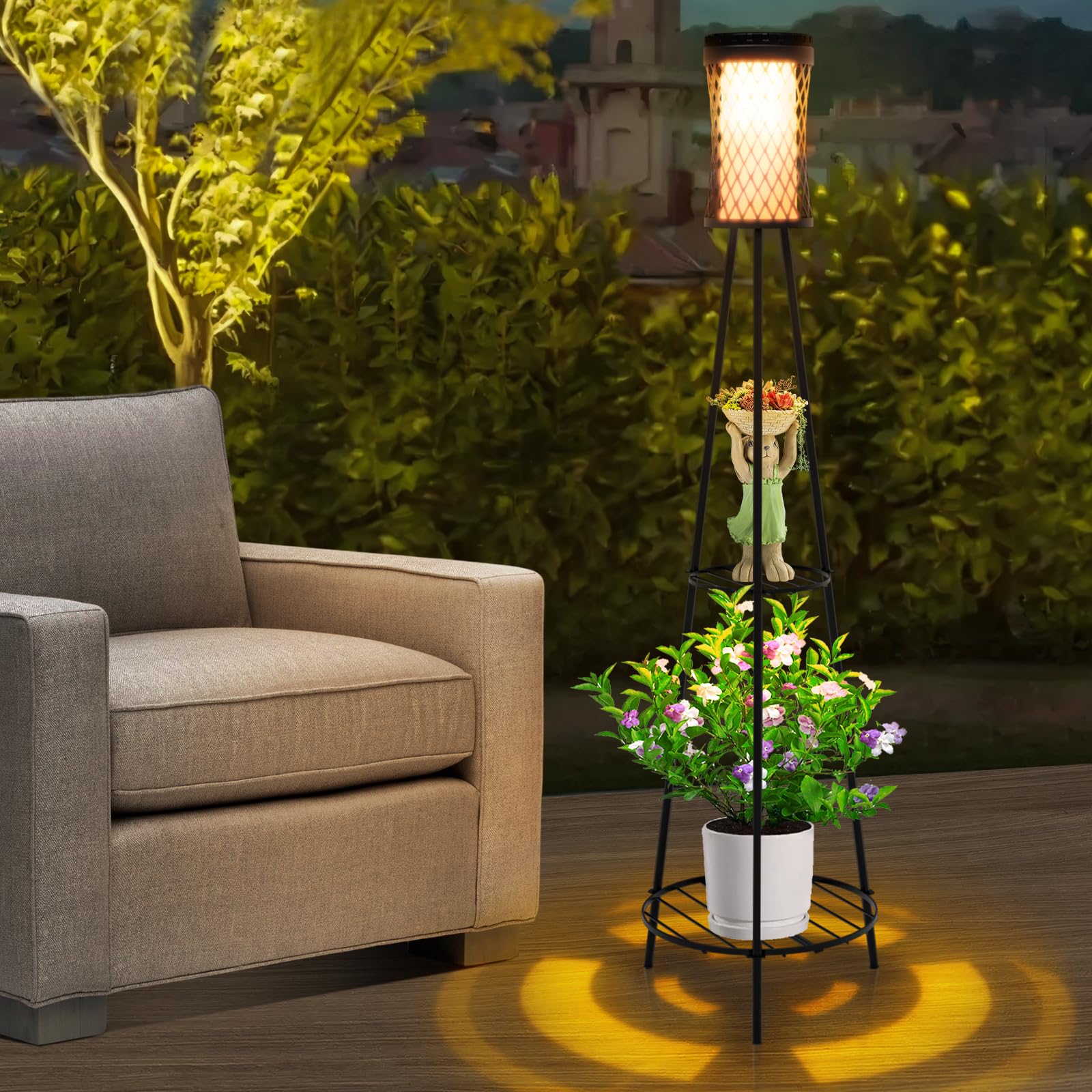 Aialun Solar Floor Lamps Outdoor with USB Charging, 45.67 Inch Tall Double Plant Stand Outside Floor Lamps, Warm & White 3 Modes